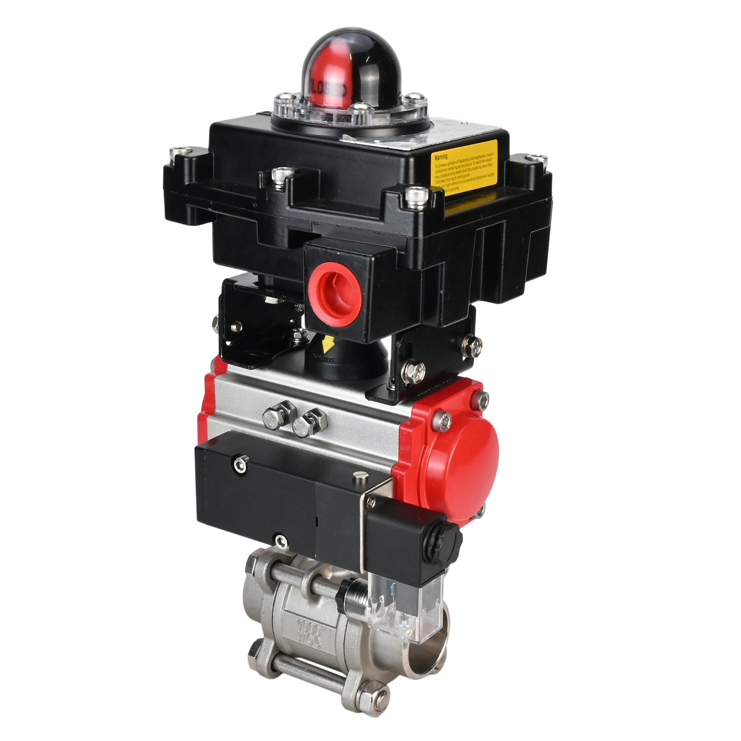 Stainless steel ball valve Elephant BVPP 316,200-ISO 63 bar SS316 full port, for welding, body material - stainless steel, pneumatic actuator Elephant SA, pneumatic distributor 4M310-08 NAMUR  220 V, limit switch block APL-410N EX