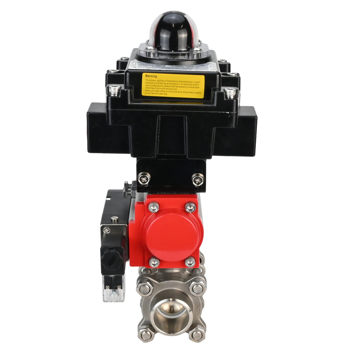 Stainless steel ball valve Elephant BVPP 316,200-ISO 63 bar SS316 full port, for welding, body material - stainless steel, pneumatic actuator Elephant SA, pneumatic distributor 4M310-08 NAMUR  220 V, limit switch block APL-410N EX