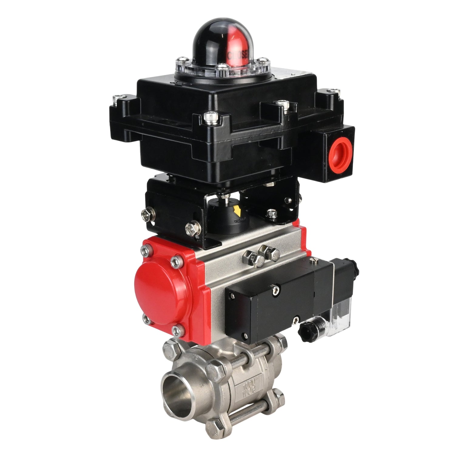 Stainless steel ball valve Elephant BVPP 316,200-ISO 63 bar SS316 full port, for welding, body material - stainless steel, pneumatic actuator Elephant DA, pneumatic distributor 4M310-08 NAMUR  24 V, limit switch block APL-410N EX