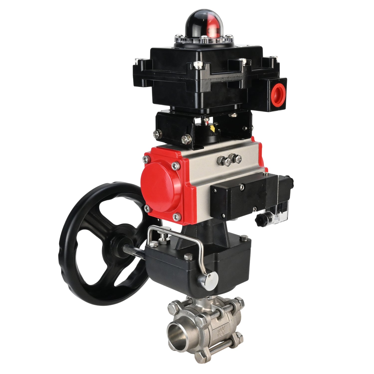 Stainless steel ball valve Elephant BVPP 316,200-ISO 63 bar SS316 full port, for welding, body material - stainless steel, pneumatic actuator Elephant DA, pneumatic distributor 4M310-08 NAMUR  24 V, limit switch block APL-410N EX, manual override HDM