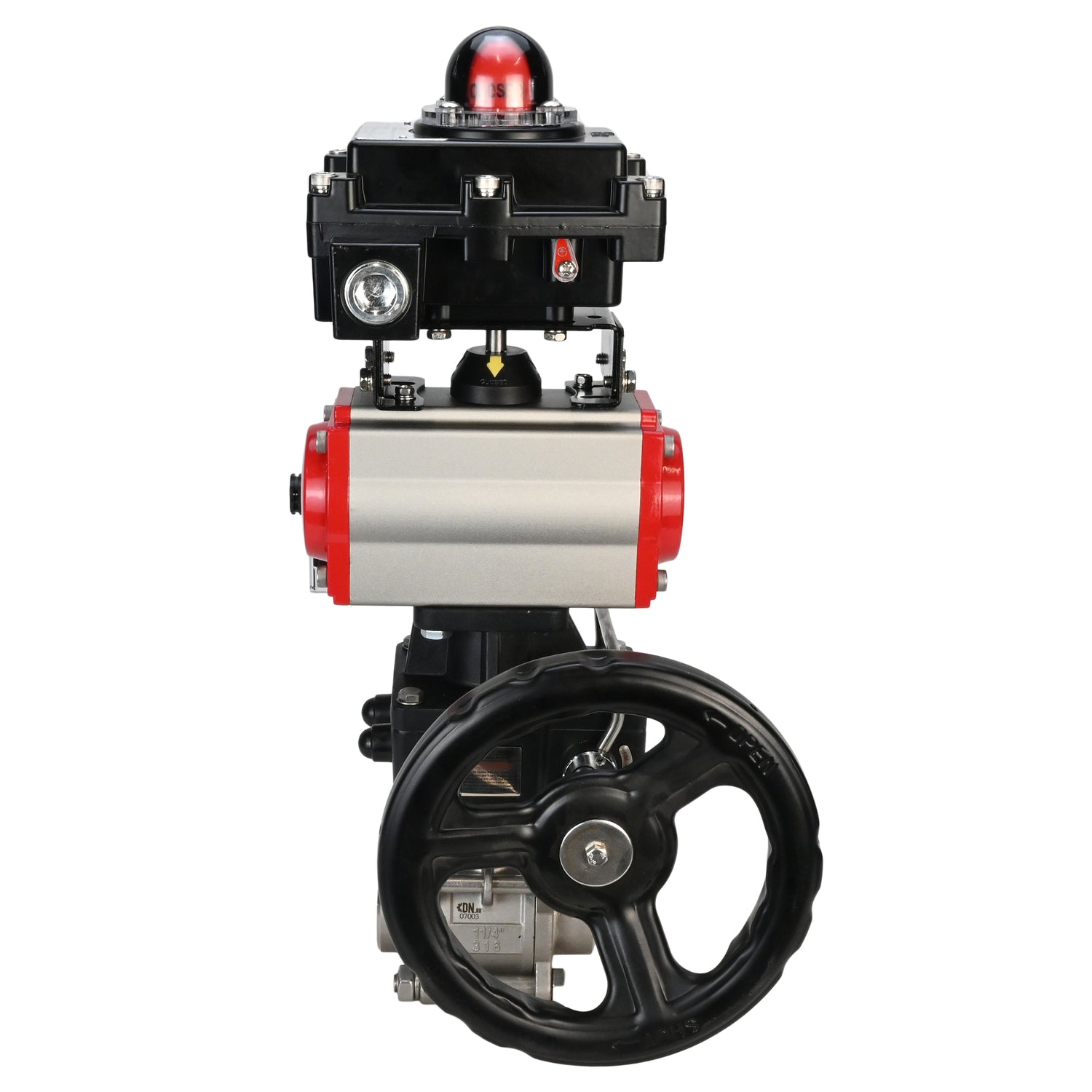 Stainless steel ball valve Elephant BVPP 316,200-ISO 63 bar SS316 full port, for welding, body material - stainless steel, pneumatic actuator Elephant DA, pneumatic distributor 4M310-08 NAMUR  24 V, limit switch block APL-410N EX, manual override HDM