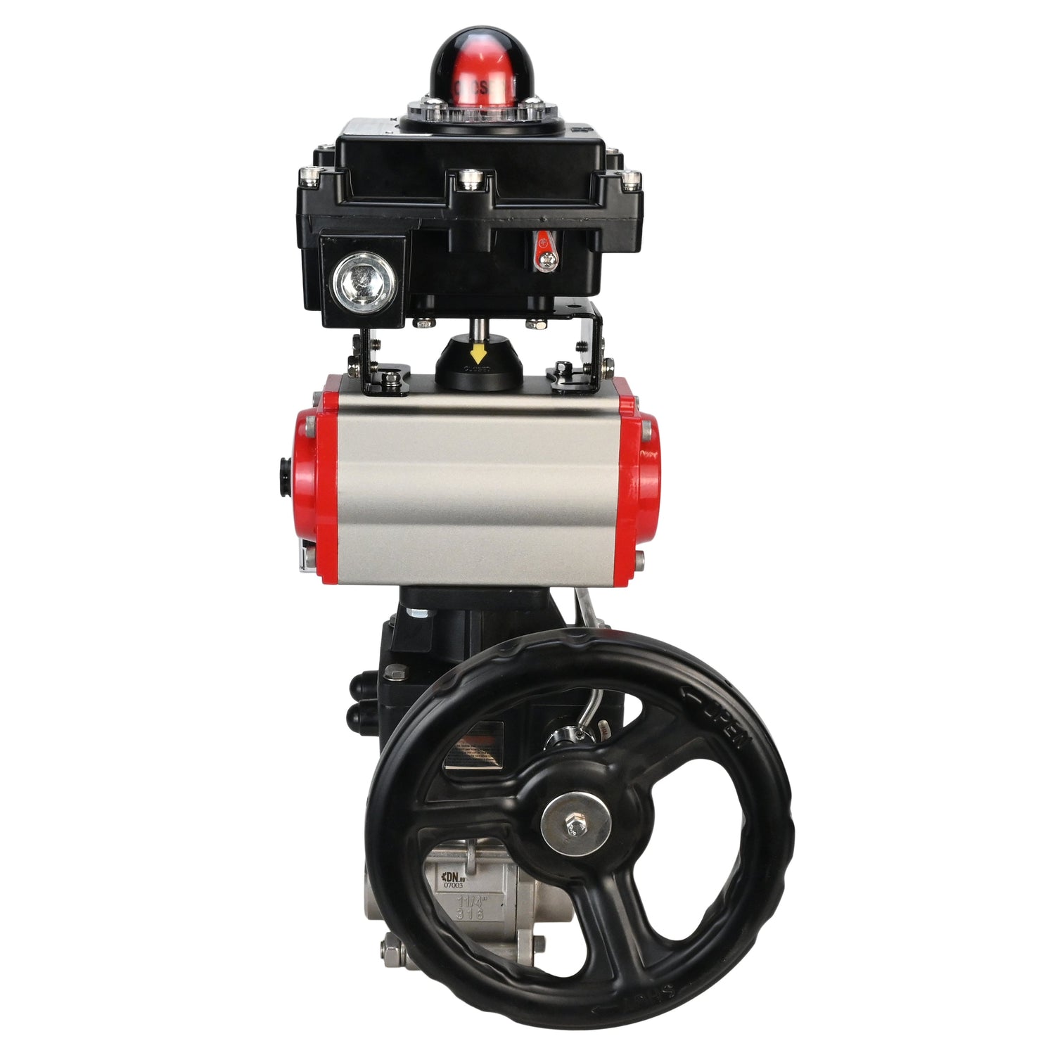 Stainless steel ball valve Elephant BVPP 316,200-ISO 63 bar SS316 full port, for welding, body material - stainless steel, pneumatic actuator Elephant DA, pneumatic distributor 4M310-08 NAMUR  220 V, limit switch block APL-410N EX, manual override HDM