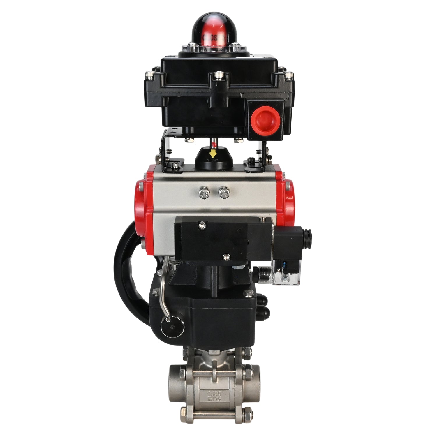 Stainless steel ball valve Elephant BVPP 316,200-ISO 63 bar SS316 full port, for welding, body material - stainless steel, pneumatic actuator Elephant DA, pneumatic distributor 4M310-08 NAMUR  24 V, limit switch block APL-410N EX, manual override HDM