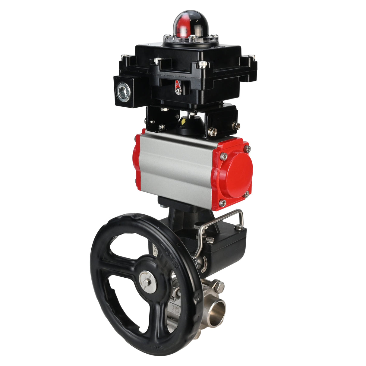 Stainless steel ball valve Elephant BVPP 316,200-ISO 63 bar SS316 full port, for welding, body material - stainless steel, pneumatic actuator Elephant DA, pneumatic distributor 4M310-08 NAMUR  24 V, limit switch block APL-410N EX, manual override HDM