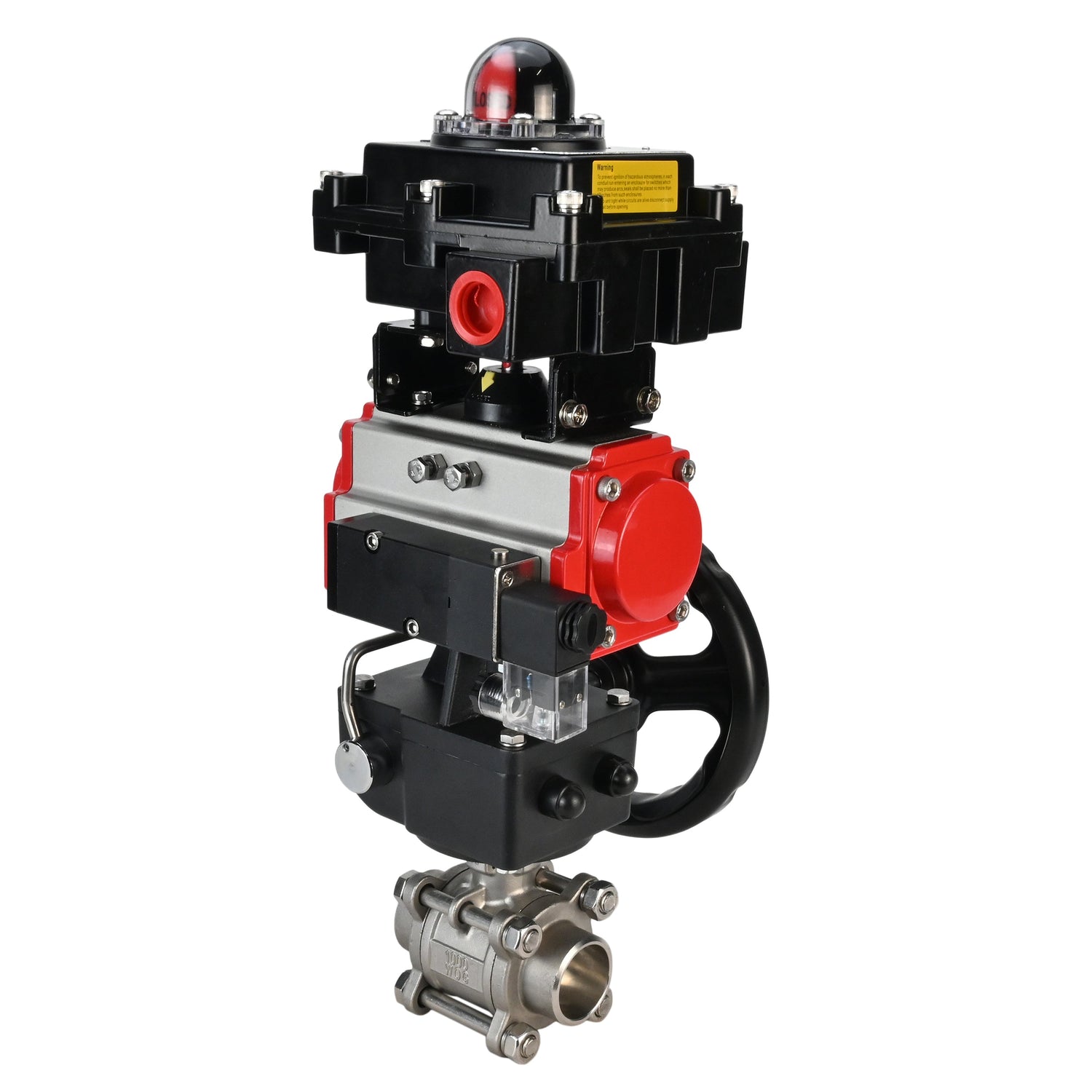 Stainless steel ball valve Elephant BVPP 316,200-ISO 63 bar SS316 full port, for welding, body material - stainless steel, pneumatic actuator Elephant DA, pneumatic distributor 4M310-08 NAMUR  220 V, limit switch block APL-410N EX, manual override HDM