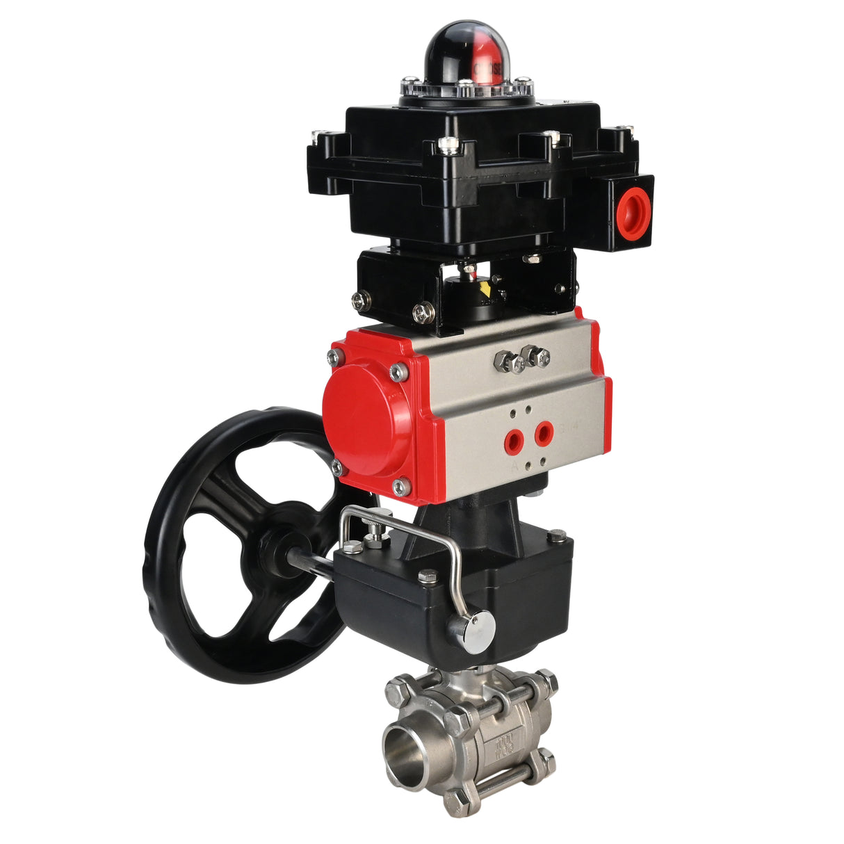 Stainless steel ball valve Elephant BVPP 316,200-ISO 63 bar SS316 full port, for welding, body material - stainless steel, pneumatic actuator Elephant DA, limit switch block APL-410N EX, manual override HDM