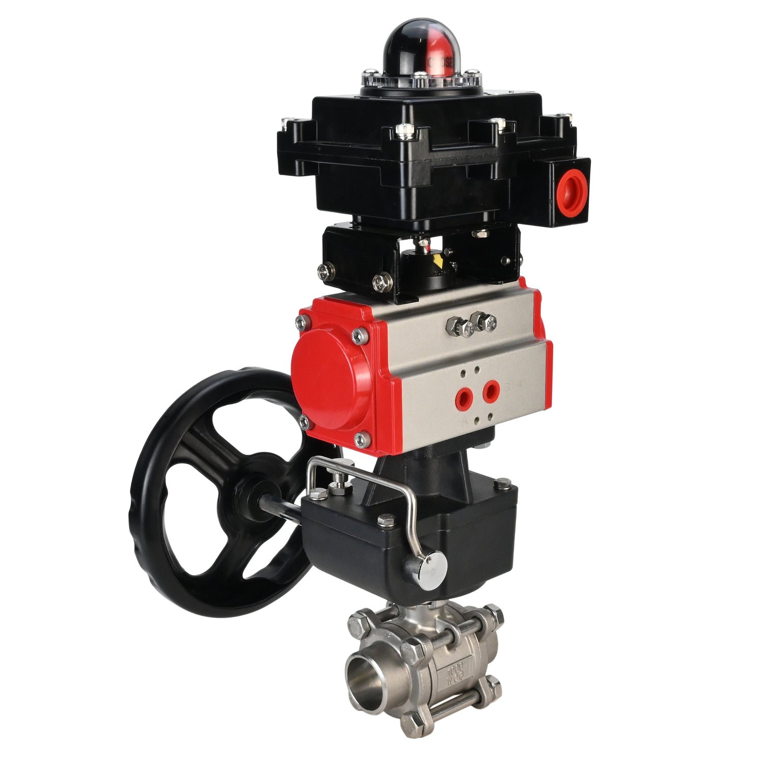 Stainless steel ball valve Elephant BVPP 316,200-ISO 63 bar SS316 full port, for welding, body material - stainless steel, pneumatic actuator Elephant DA, limit switch block APL-410N EX, manual override HDM