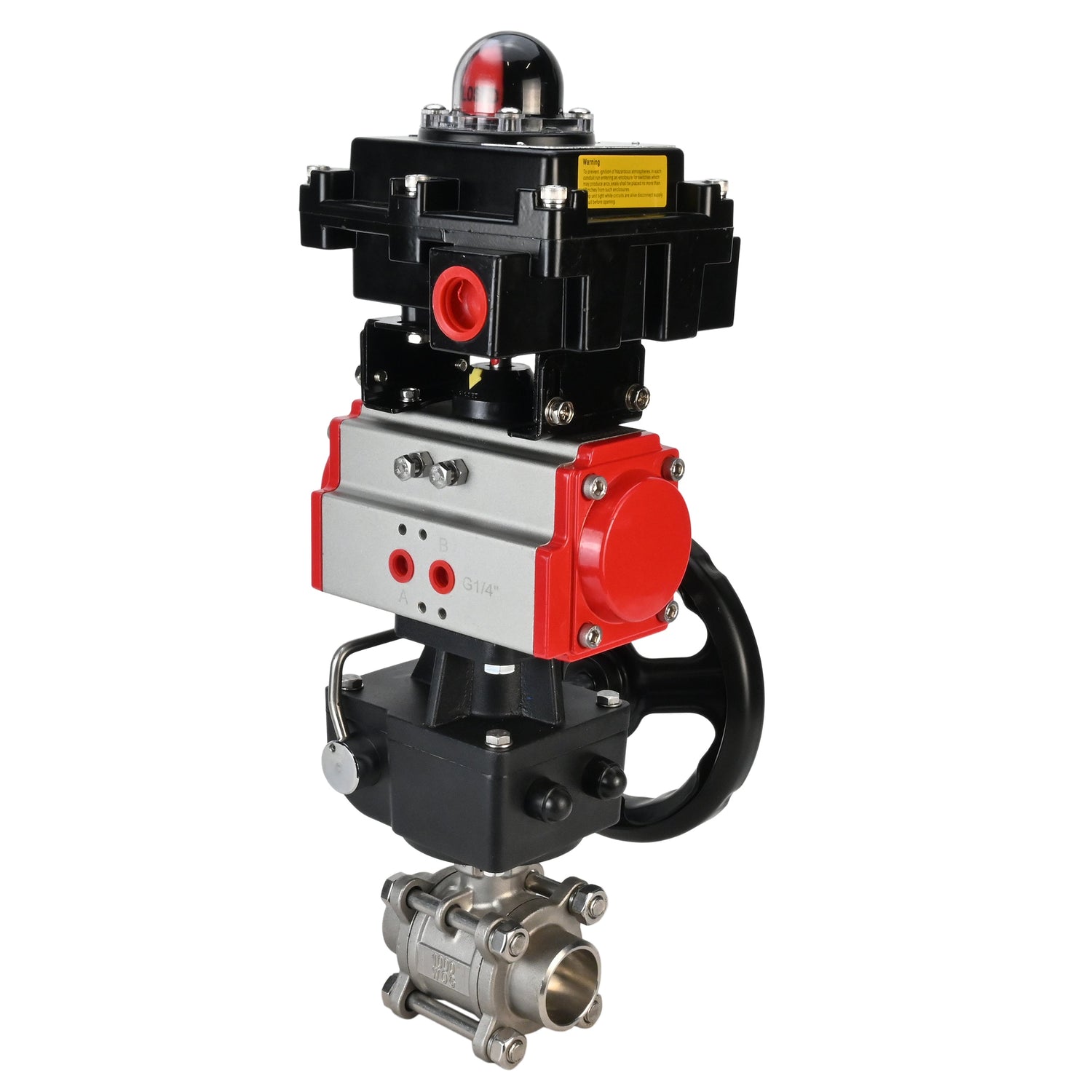 Stainless steel ball valve Elephant BVPP 316,200-ISO 63 bar SS316 full port, for welding, body material - stainless steel, pneumatic actuator Elephant DA, limit switch block APL-410N EX, manual override HDM