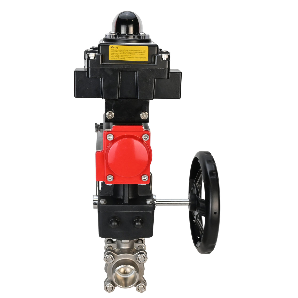 Stainless steel ball valve Elephant BVPP 316,200-ISO 63 bar SS316 full port, for welding, body material - stainless steel, pneumatic actuator Elephant DA, limit switch block APL-410N EX, manual override HDM