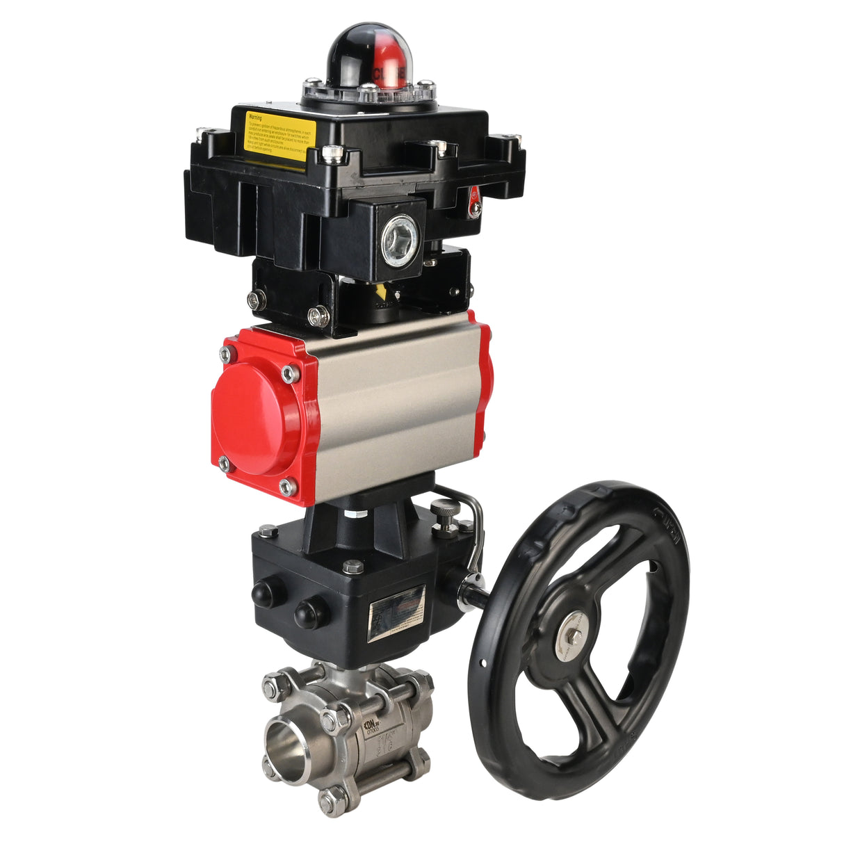 Stainless steel ball valve Elephant BVPP 316,200-ISO 63 bar SS316 full port, for welding, body material - stainless steel, pneumatic actuator Elephant DA, limit switch block APL-410N EX, manual override HDM