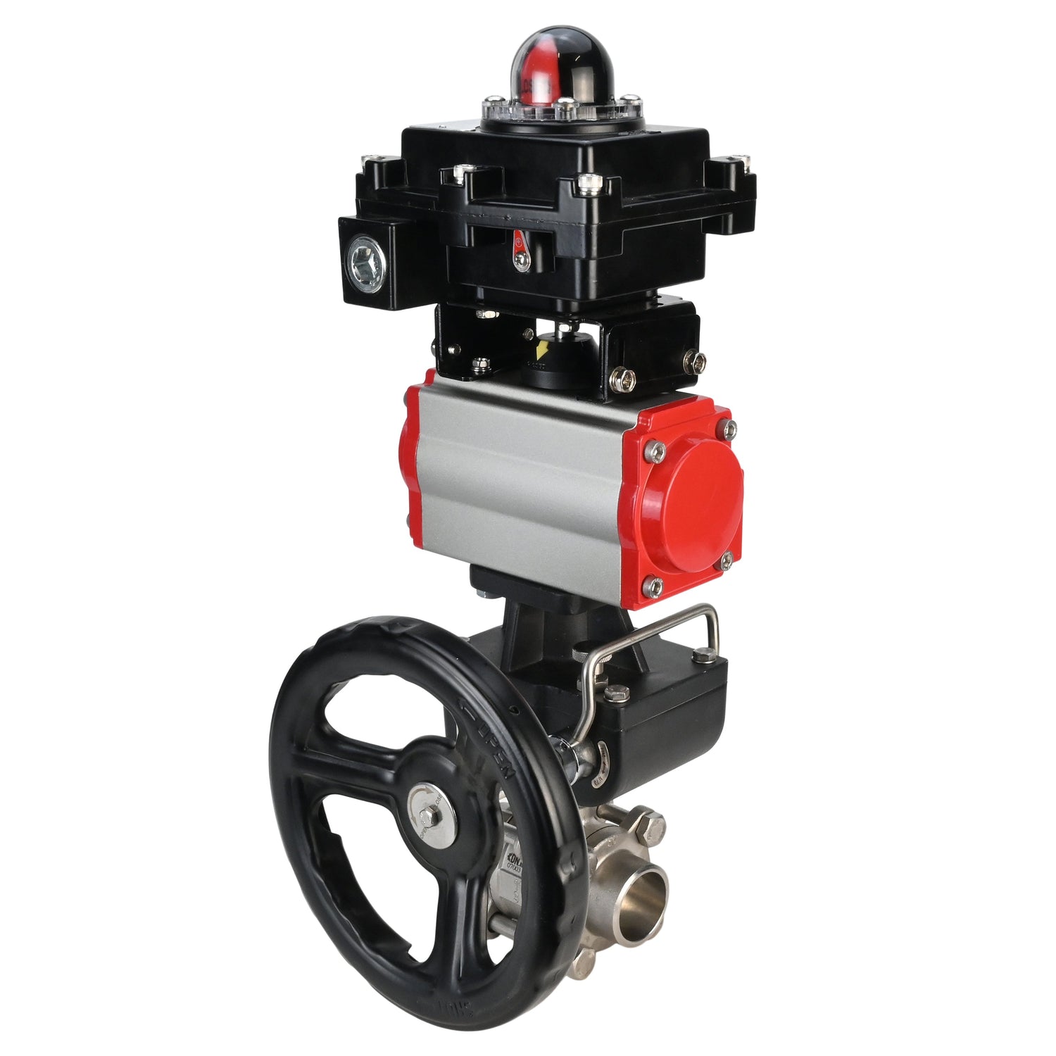 Stainless steel ball valve Elephant BVPP 316,200-ISO 63 bar SS316 full port, for welding, body material - stainless steel, pneumatic actuator Elephant DA, limit switch block APL-410N EX, manual override HDM