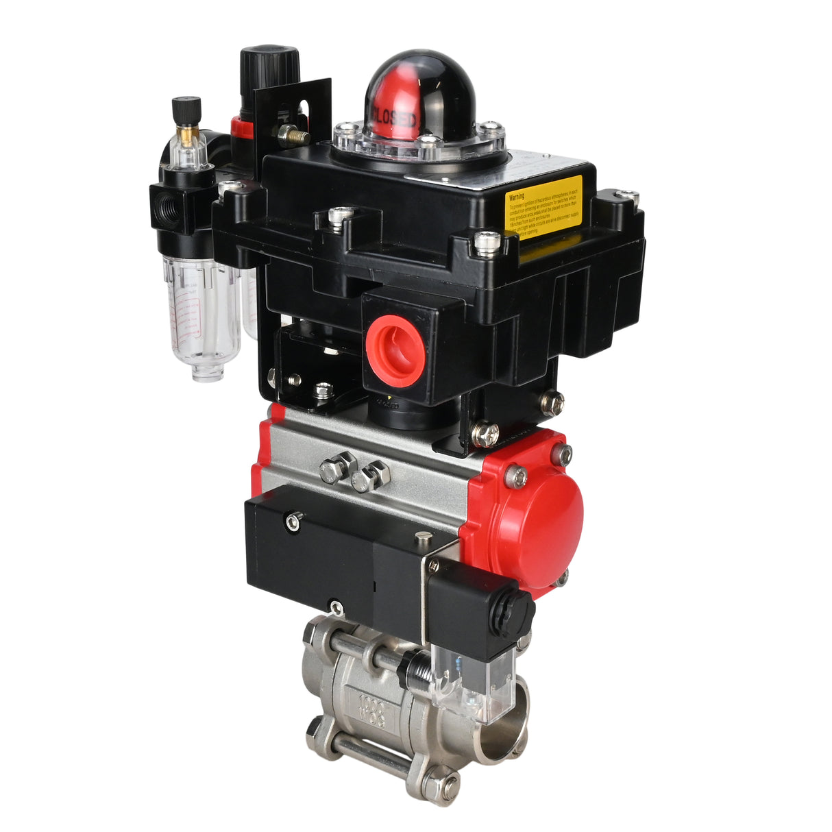 Stainless steel ball valve Elephant BVPP 316,200-ISO 63 bar SS316 full port, for welding, body material - stainless steel, pneumatic actuator Elephant SA, pneumatic distributor 4M310-08 220 V, limit switch block APL-410N EX, air preparation unit AFC2000