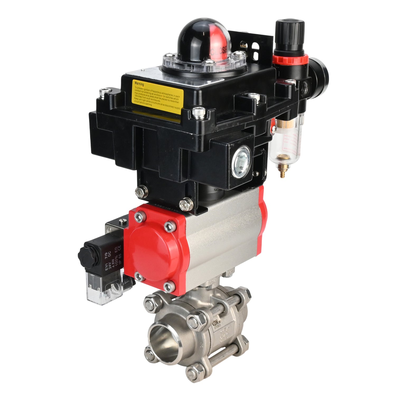 Stainless steel ball valve Elephant BVPP 316,200-ISO 63 bar SS316 full port, for welding, body material - stainless steel, pneumatic actuator Elephant SA, pneumatic distributor 4M310-08 220 V, limit switch block APL-410N EX, air preparation unit AFC2000