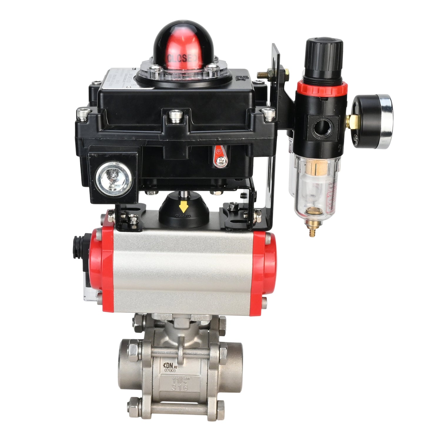 Stainless steel ball valve Elephant BVPP 316,200-ISO 63 bar SS316 full port, for welding, body material - stainless steel, pneumatic actuator Elephant DA, pneumatic distributor 4M310-08 220 V, limit switch block APL-410N EX, air preparation unit AFC2000