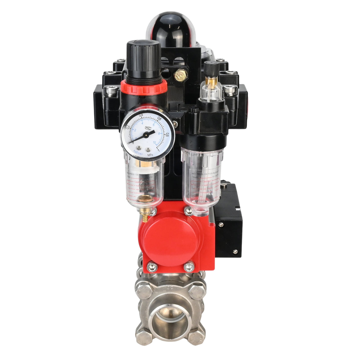 Stainless steel ball valve Elephant BVPP 316,200-ISO 63 bar SS316 full port, for welding, body material - stainless steel, pneumatic actuator Elephant DA, pneumatic distributor 4M310-08 24 V, limit switch block APL-410N EX, air preparation unit AFC2000