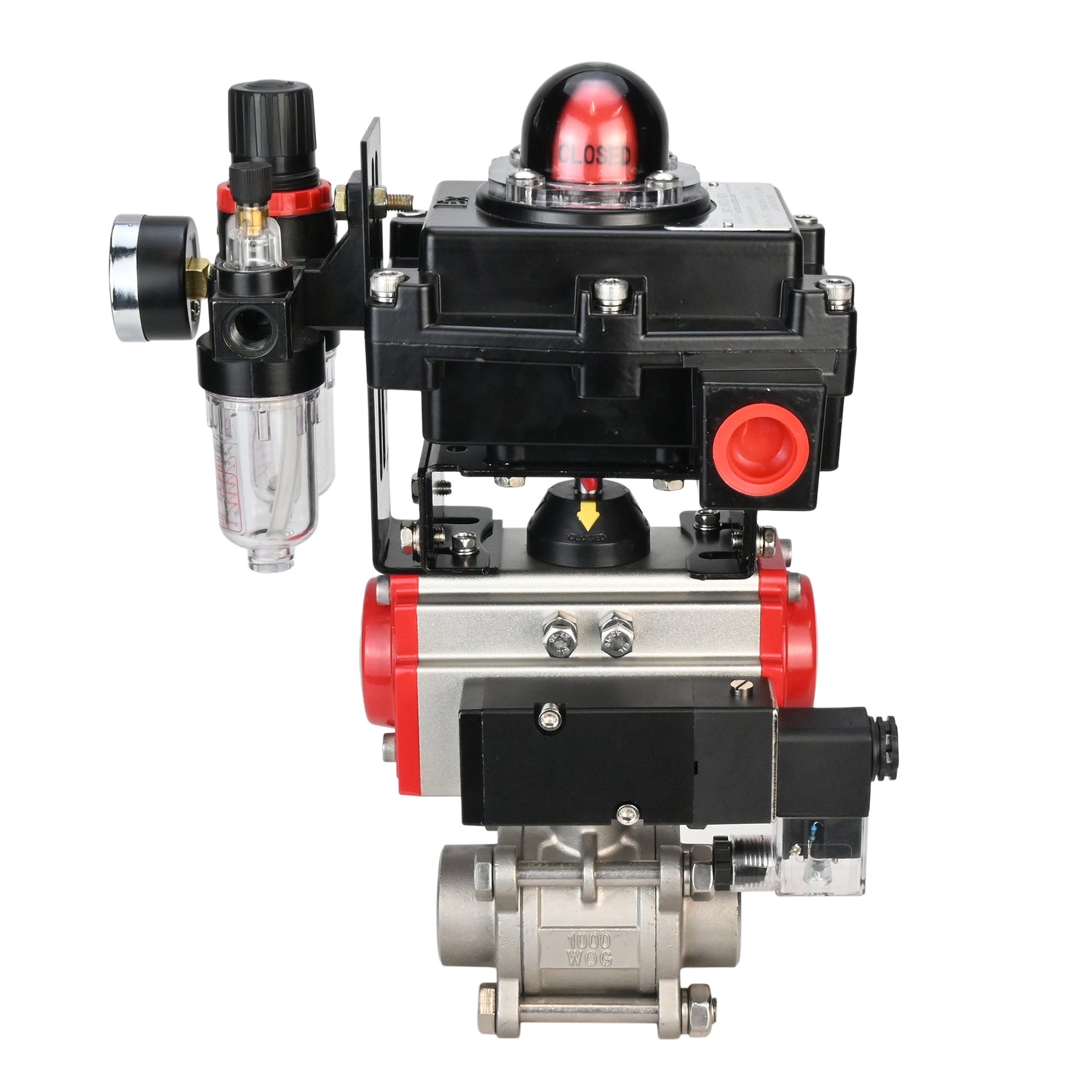 Stainless steel ball valve Elephant BVPP 316,200-ISO 63 bar SS316 full port, for welding, body material - stainless steel, pneumatic actuator Elephant DA, pneumatic distributor 4M310-08 220 V, limit switch block APL-410N EX, air preparation unit AFC2000