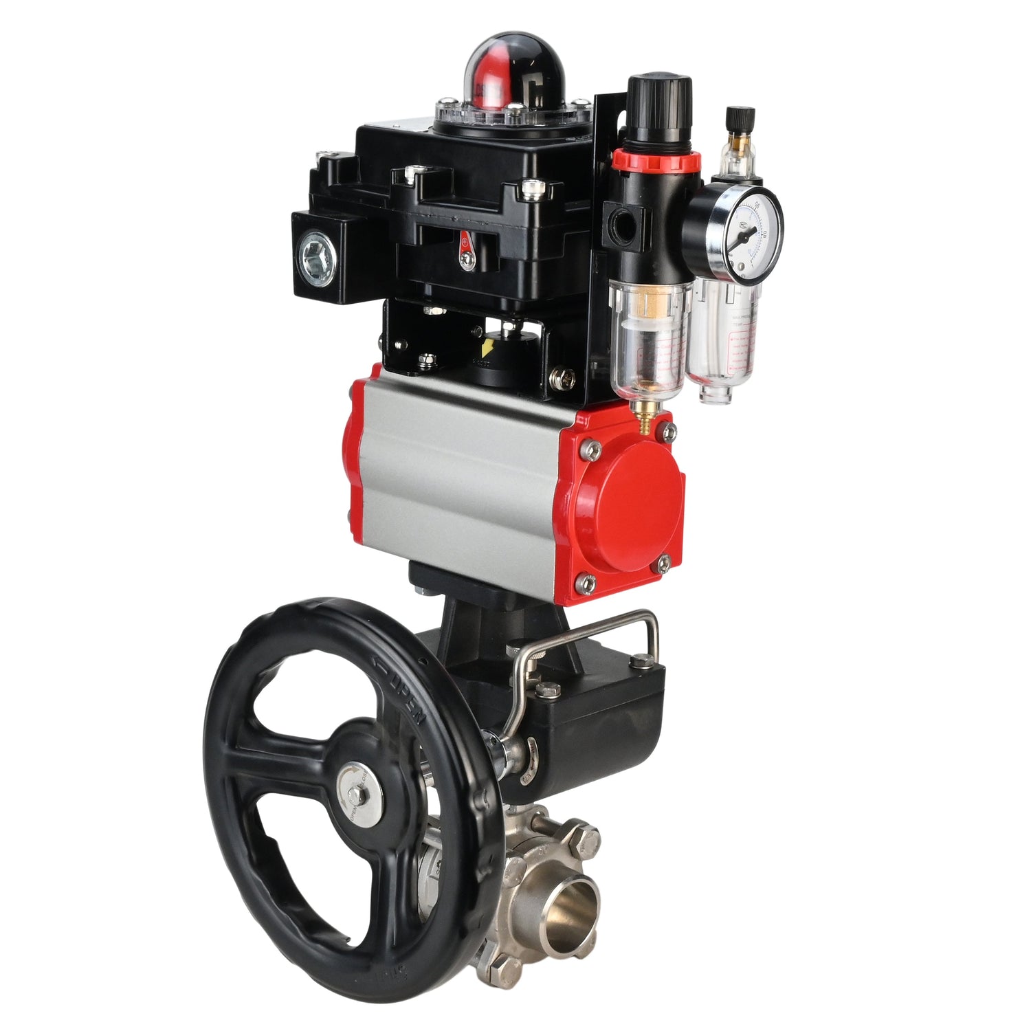 Stainless steel ball valve Elephant BVPP 316,200-ISO 63 bar SS316 full port, for welding, body material - stainless steel, pneumatic actuator Elephant DA, pneumatic distributor 4M310-08 220 V, limit switch block APL-410N EX, manual override HDM, air