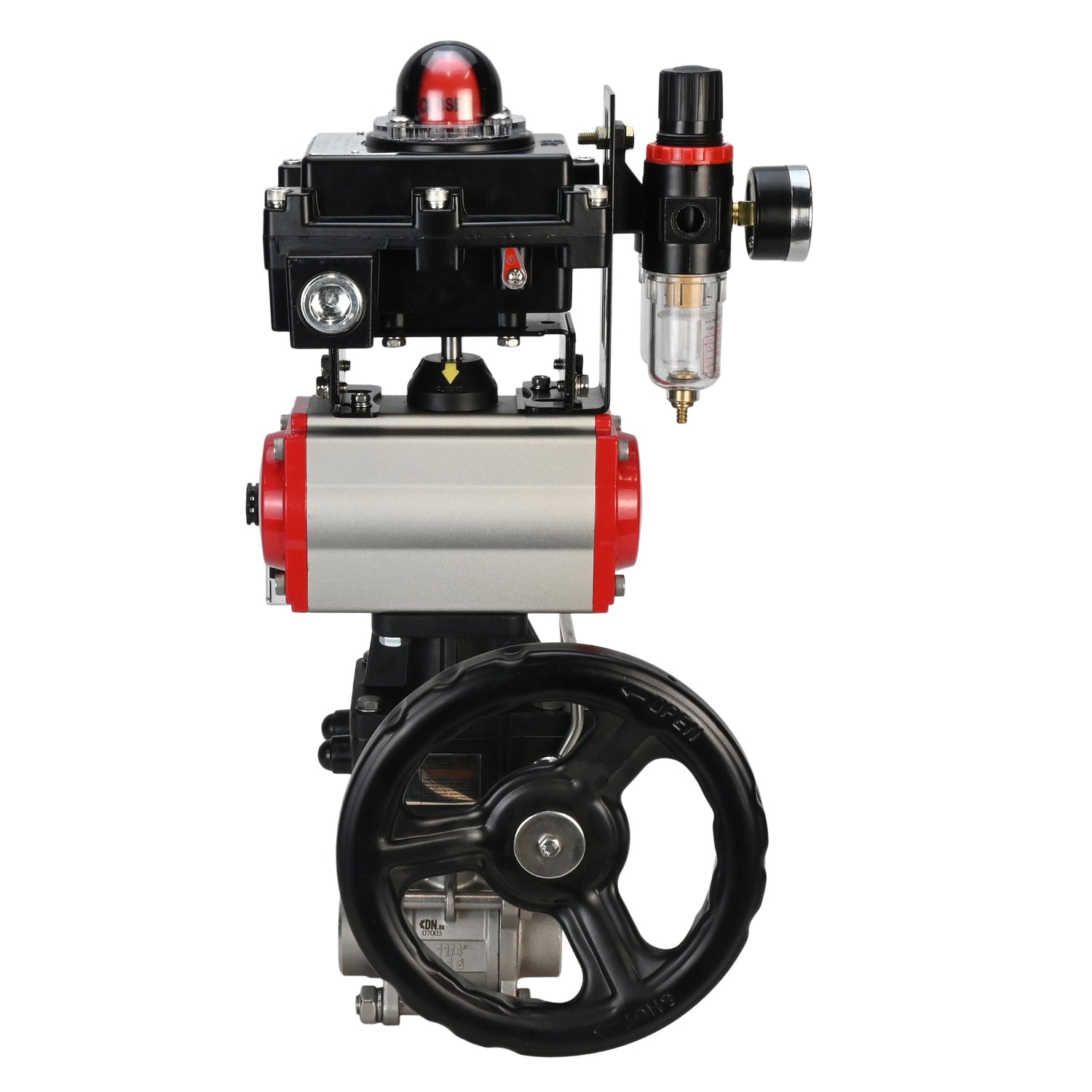 Stainless steel ball valve Elephant BVPP 316,200-ISO 63 bar SS316 full port, for welding, body material - stainless steel, pneumatic actuator Elephant DA, pneumatic distributor 4M310-08 220 V, limit switch block APL-410N EX, manual override HDM, air