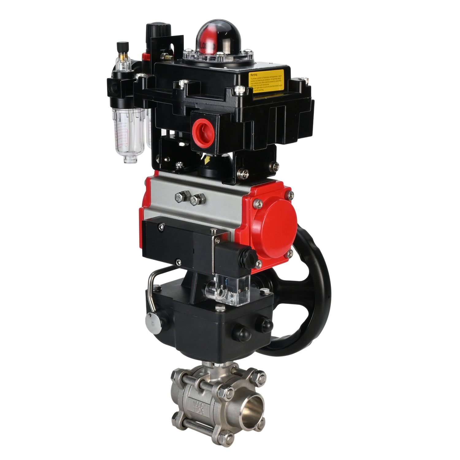 Stainless steel ball valve Elephant BVPP 316,200-ISO 63 bar SS316 full port, for welding, body material - stainless steel, pneumatic actuator Elephant DA, pneumatic distributor 4M310-08 NAMUR  24 V, limit switch block APL-410N EX, manual override HDM, air