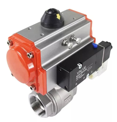 Ball valves Elephant BV3232P(2pc)-FP-T-ISO-H 16 bar, full bore coupling, stainless steel SS316, seal - PTFE, with pneumatic actuator PA-SA with return springs, with pneumatic distributor 4V320-08 220V