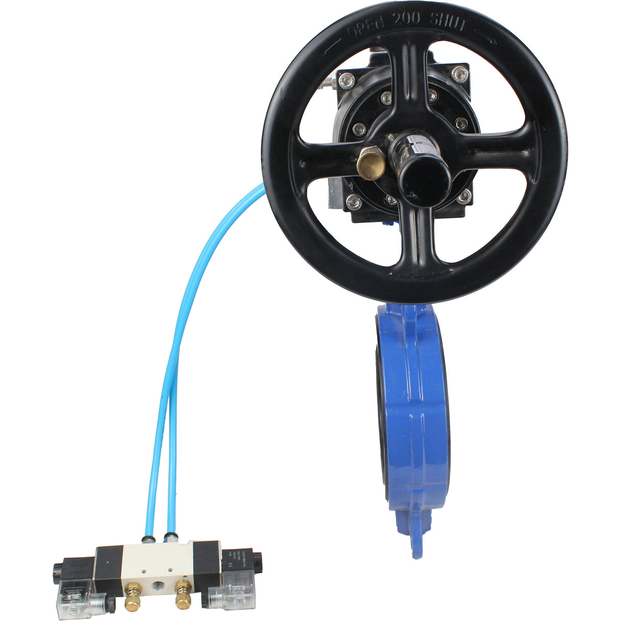 Vanne papillon d'eau Elephant WBV1132N-2W-Fb matériau du corps - Fonte GG25/EN-GJL-250, matériau du disque - Acier inoxydable AISI 316L/1.4404, joint - NBR avec actionneur pneumatique double effet PA-DA-105-1, distributeur pneumatique 4V320-10 220V