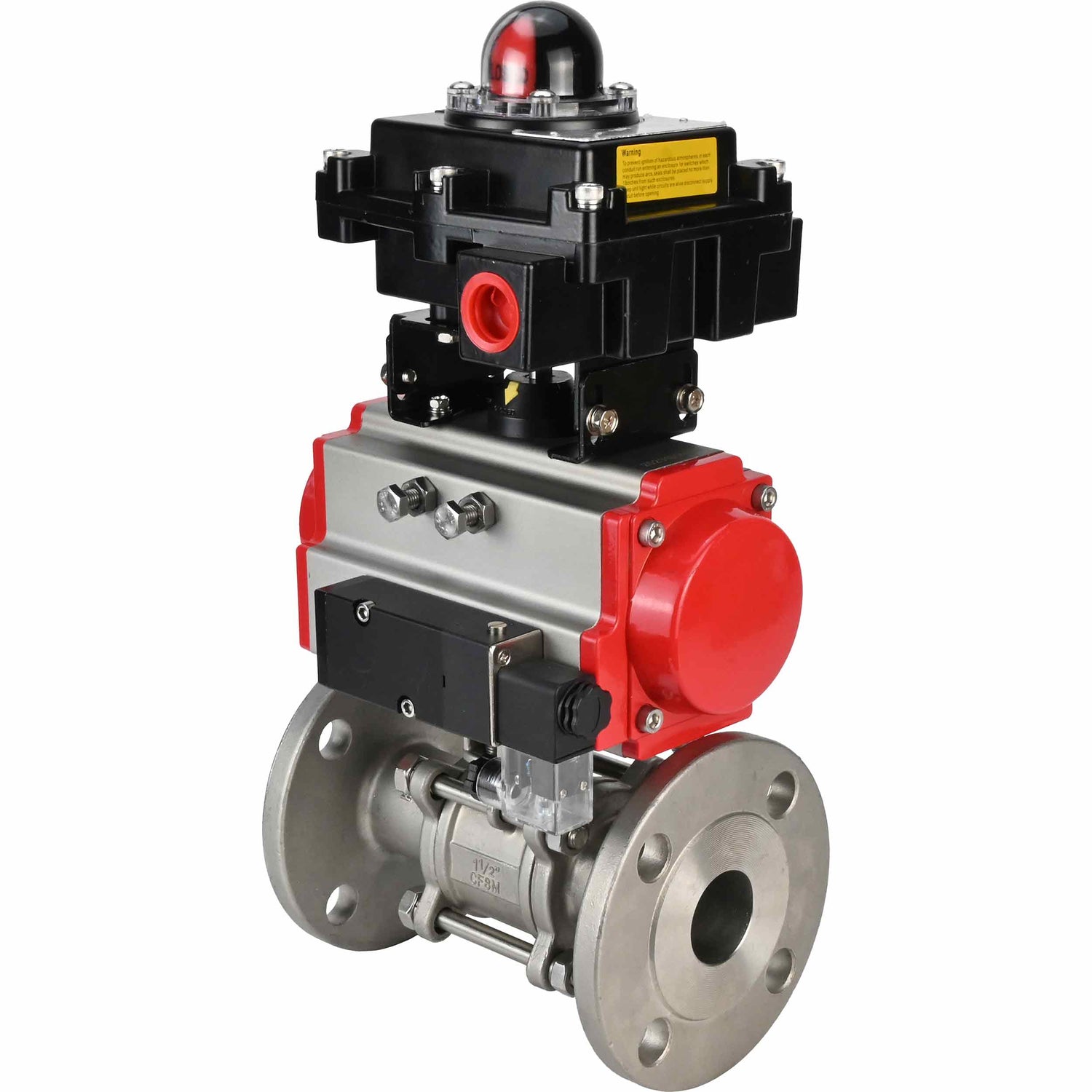 Stainless steel ball valve Elephant BVFPT-ISO,316,180 three-part, body material - stainless steel SS316, seal - PTFE, flanged, full port, pneumatic actuator Elephant SA, pneumatic distributor 4M310-08 NAMUR  220 V, limit switch block APL-410N EX