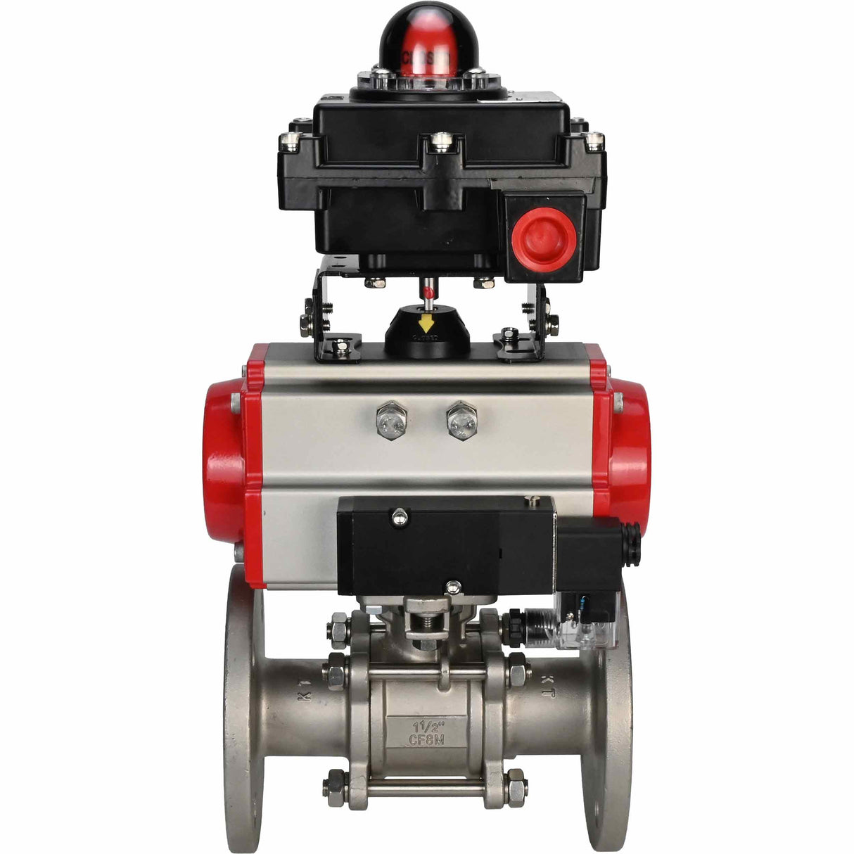 Stainless steel ball valve Elephant BVFPT-ISO,316,180 three-part, body material - stainless steel SS316, seal - PTFE, flanged, full port, pneumatic actuator Elephant DA, pneumatic distributor 4M310-08 NAMUR 24 V, limit switch block APL-410N EX