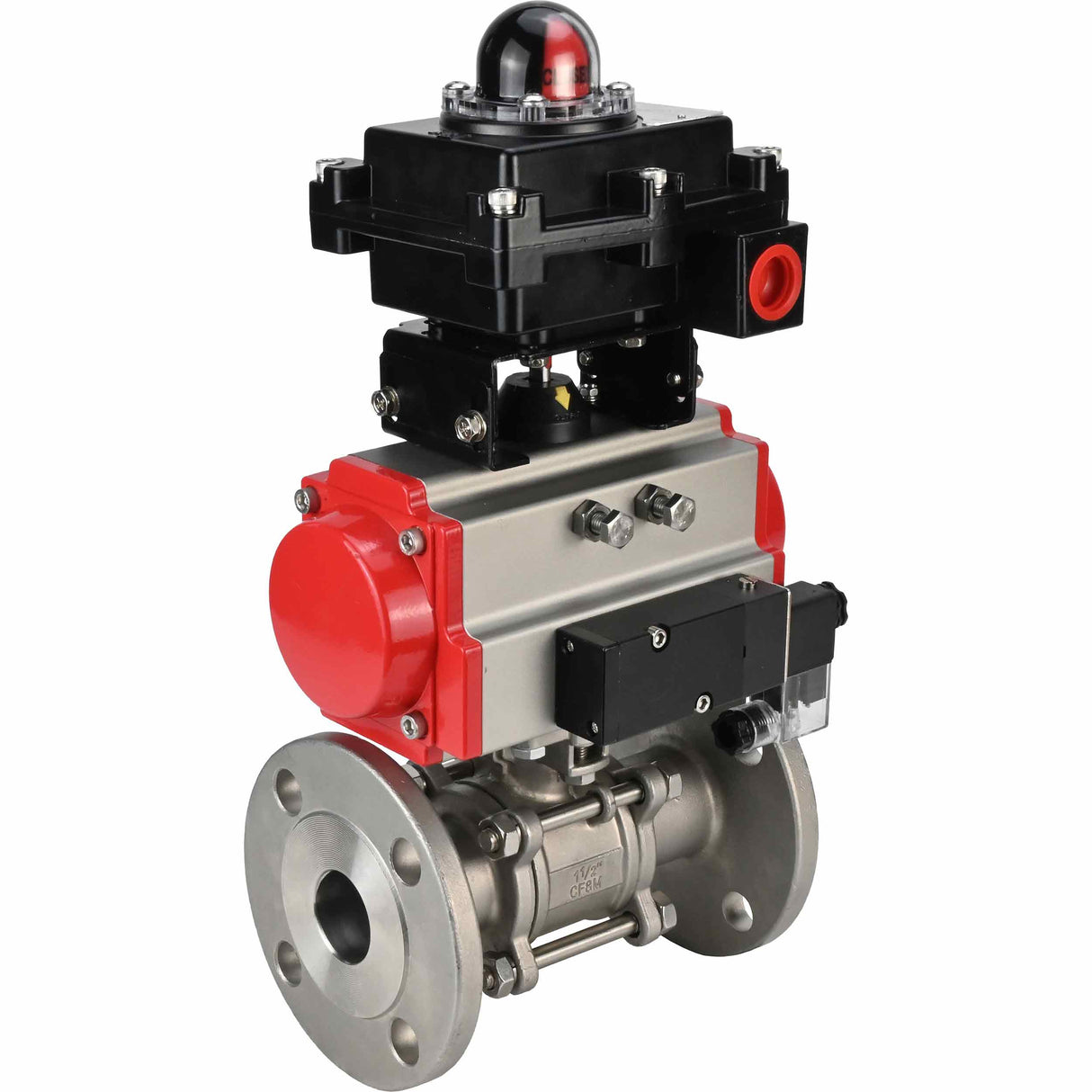 Stainless steel ball valve Elephant BVFPT-ISO,316,180 three-part, body material - stainless steel SS316, seal - PTFE, flanged, full port, pneumatic actuator Elephant DA, pneumatic distributor 4M310-08 NAMUR 24 V, limit switch block APL-410N EX