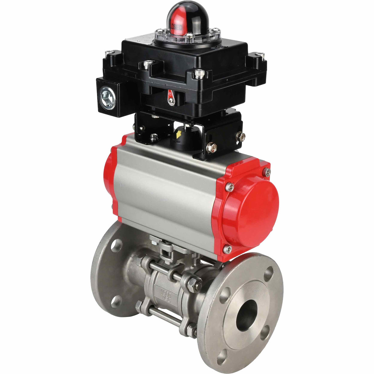 Stainless steel ball valve Elephant BVFPT-ISO,316,180 three-part, body material - stainless steel SS316, seal - PTFE, flanged, full port, pneumatic actuator Elephant DA, pneumatic distributor 4M310-08 NAMUR 24 V, limit switch block APL-410N EX