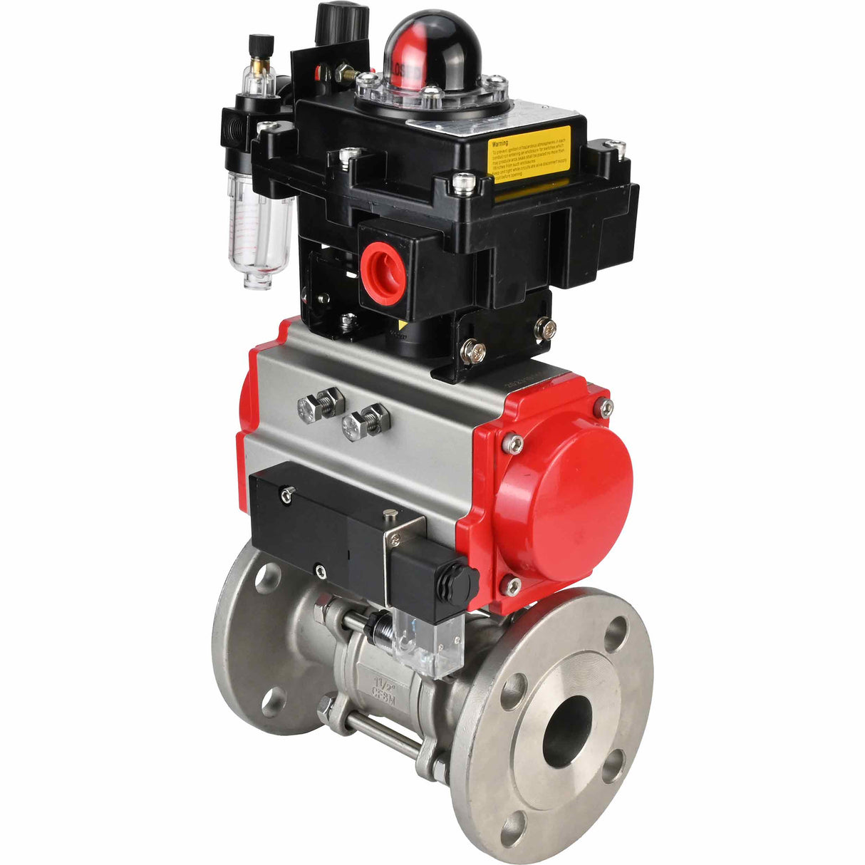 Stainless steel ball valve Elephant BVFPT-ISO,316,180 three-part, body material - stainless steel SS316, seal - PTFE, flanged, full port, pneumatic actuator Elephant DA, pneumatic distributor 4M310-08 NAMUR 220 V, limit switch block APL-410N EX, air