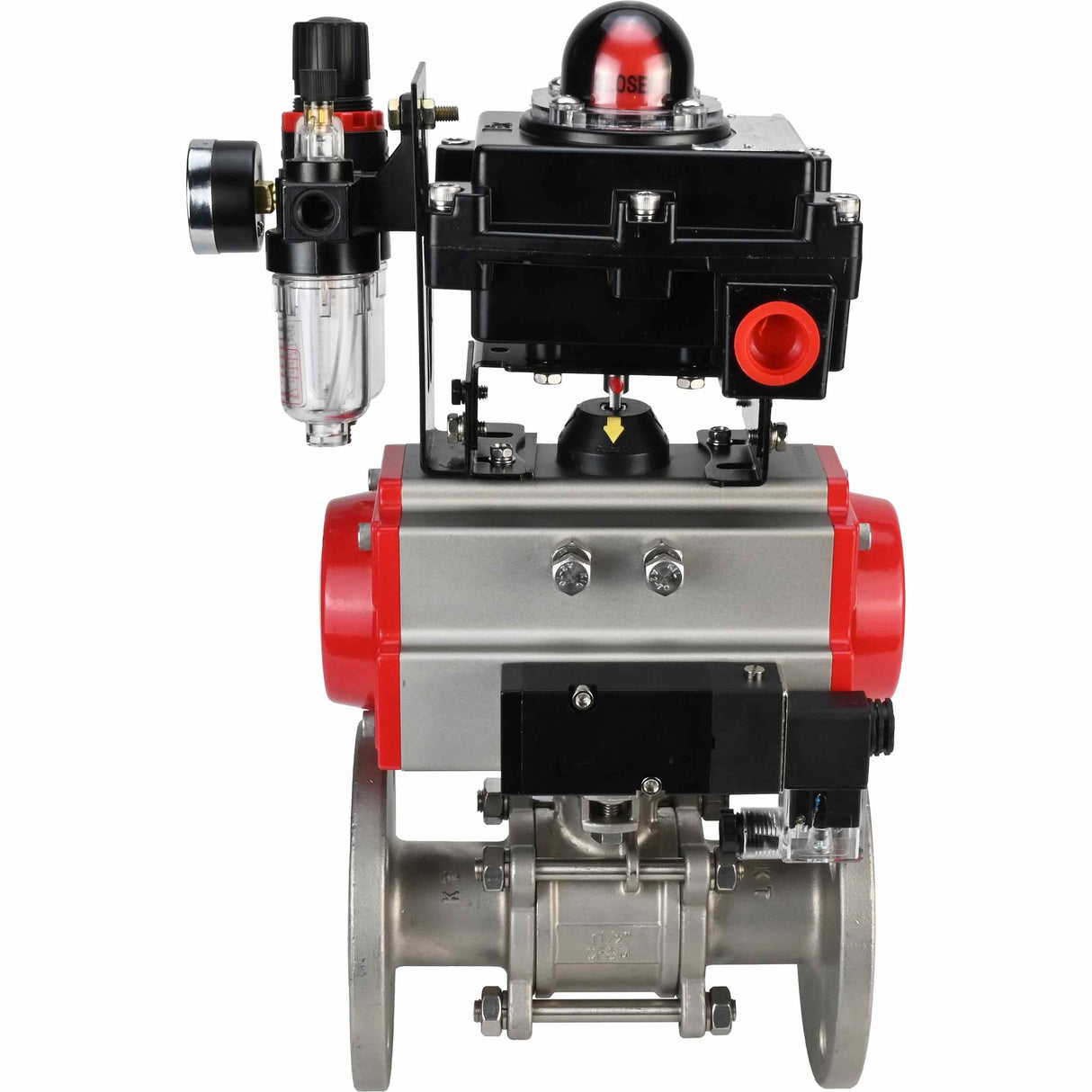 Stainless steel ball valve Elephant BVFPT-ISO,316,180 three-part, body material - stainless steel SS316, seal - PTFE, flanged, full port, pneumatic actuator Elephant DA, pneumatic distributor 4M310-08 NAMUR 220 V, limit switch block APL-410N EX, air