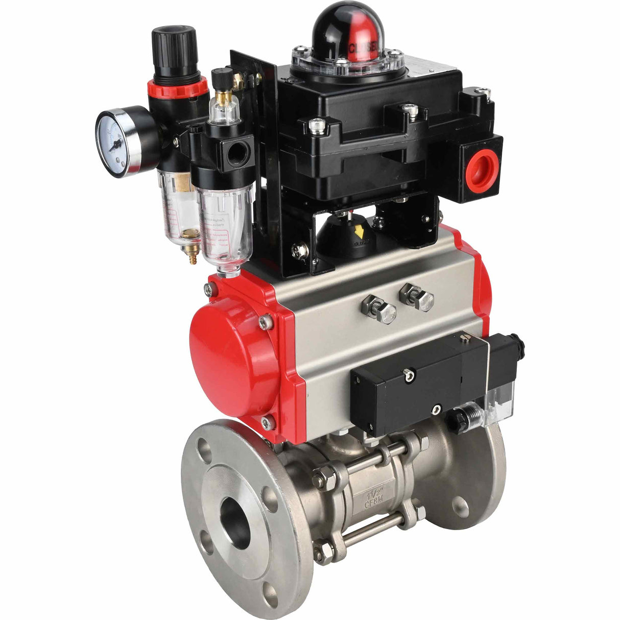 Stainless steel ball valve Elephant BVFPT-ISO,316,180 three-part, body material - stainless steel SS316, seal - PTFE, flanged, full port, pneumatic actuator Elephant DA, pneumatic distributor 4M310-08 NAMUR 220 V, limit switch block APL-410N EX, air