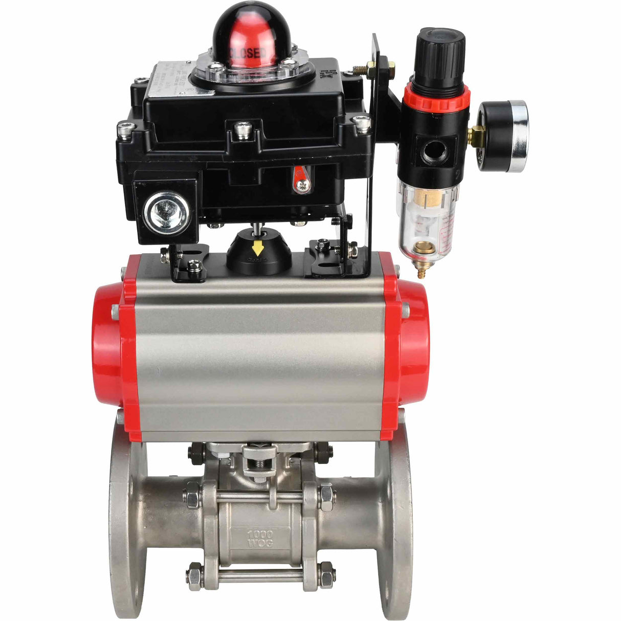 Stainless steel ball valve Elephant BVFPT-ISO,316,180 three-part, body material - stainless steel SS316, seal - PTFE, flanged, full port, pneumatic actuator Elephant DA, pneumatic distributor 4M310-08 NAMUR 220 V, limit switch block APL-410N EX, air