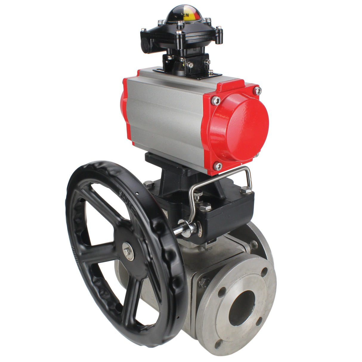 Ball valves Elephant BV3232P(4pc)-FP-3WL-F-ISO-H 16 bar full bore, flanged, body - stainless steel SS316, ISO flange F03/F04-F10/F12, square 9x9-19x19, with pneumatic drive PA-DA double action, LSU APL-210N and manual Doubler MON3-700-T38