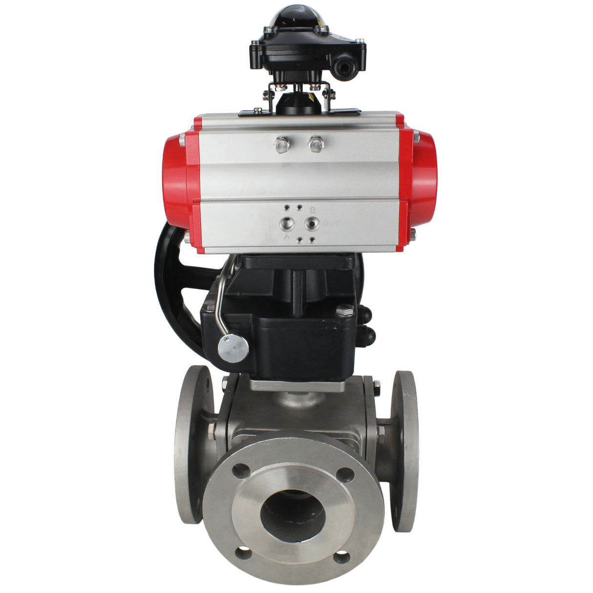 Ball valves Elephant BV3232P(4pc)-FP-3WL-F-ISO-H 16 bar full bore, flanged, body - stainless steel SS316, ISO flange F03/F04-F10/F12, square 9x9-19x19, with pneumatic drive PA-DA double action, LSU APL-210N and manual Doubler MON3-700-T38