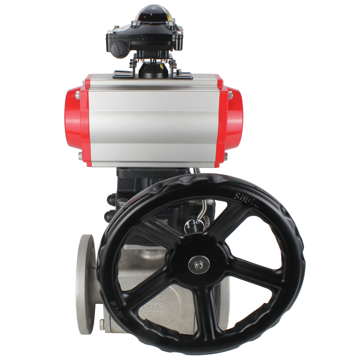 Ball valves Elephant BV3232P(4pc)-FP-3WL-F-ISO-H 16 bar full bore, flanged, body - stainless steel SS316, ISO flange F03/F04-F10/F12, square 9x9-19x19, with pneumatic drive PA-DA double action, LSU APL-210N and manual Doubler MON3-700-T38