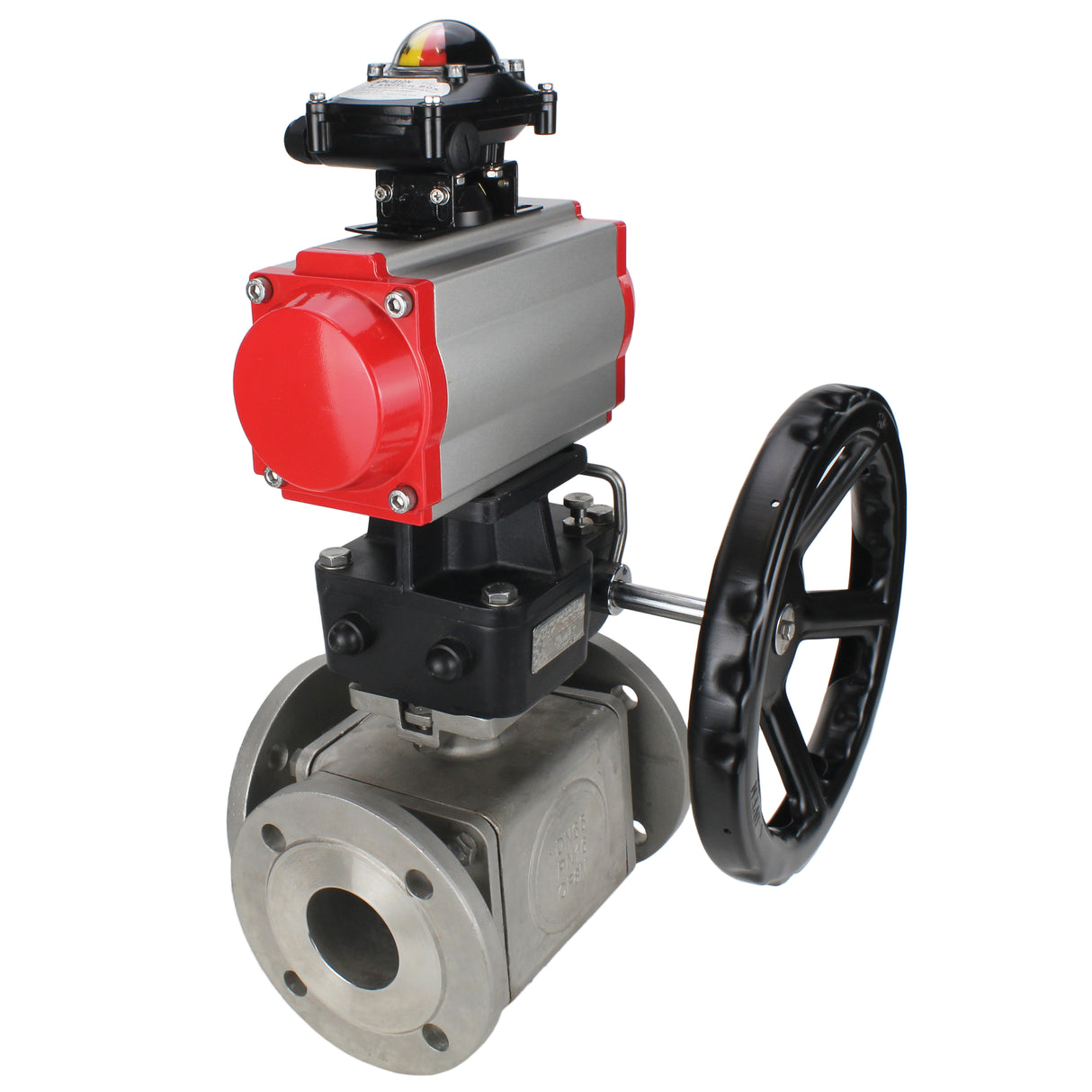Ball valves Elephant BV3232P(4pc)-FP-3WL-F-ISO-H 16 bar full bore, flanged, body - stainless steel SS316, ISO flange F03/F04-F10/F12, square 9x9-19x19, with pneumatic drive PA-DA double action, LSU APL-210N and manual Doubler MON3-700-T38