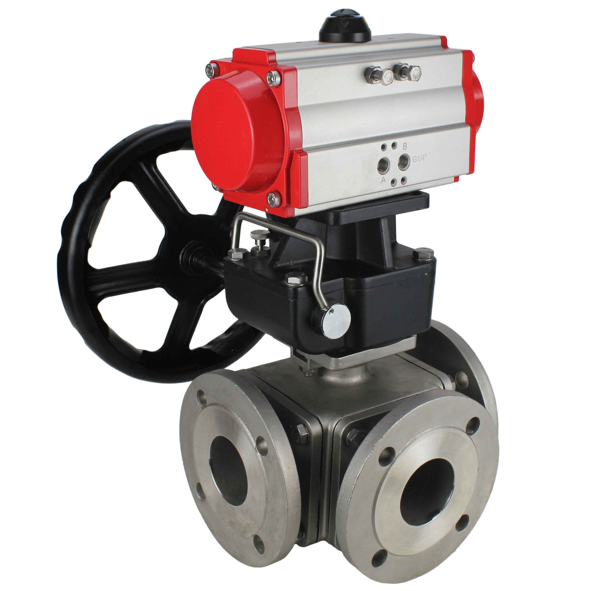 Ball valves Elephant BV3232P(4pc)-FP-3WL-F-ISO-H 16 bar full bore, flanged, body - stainless steel SS316, ISO flange F03/F04-F10/F12, square 9x9-19x19, with pneumatic drive Elephant PA-DA double action and manual Doubler MON3-700-T38-ISO