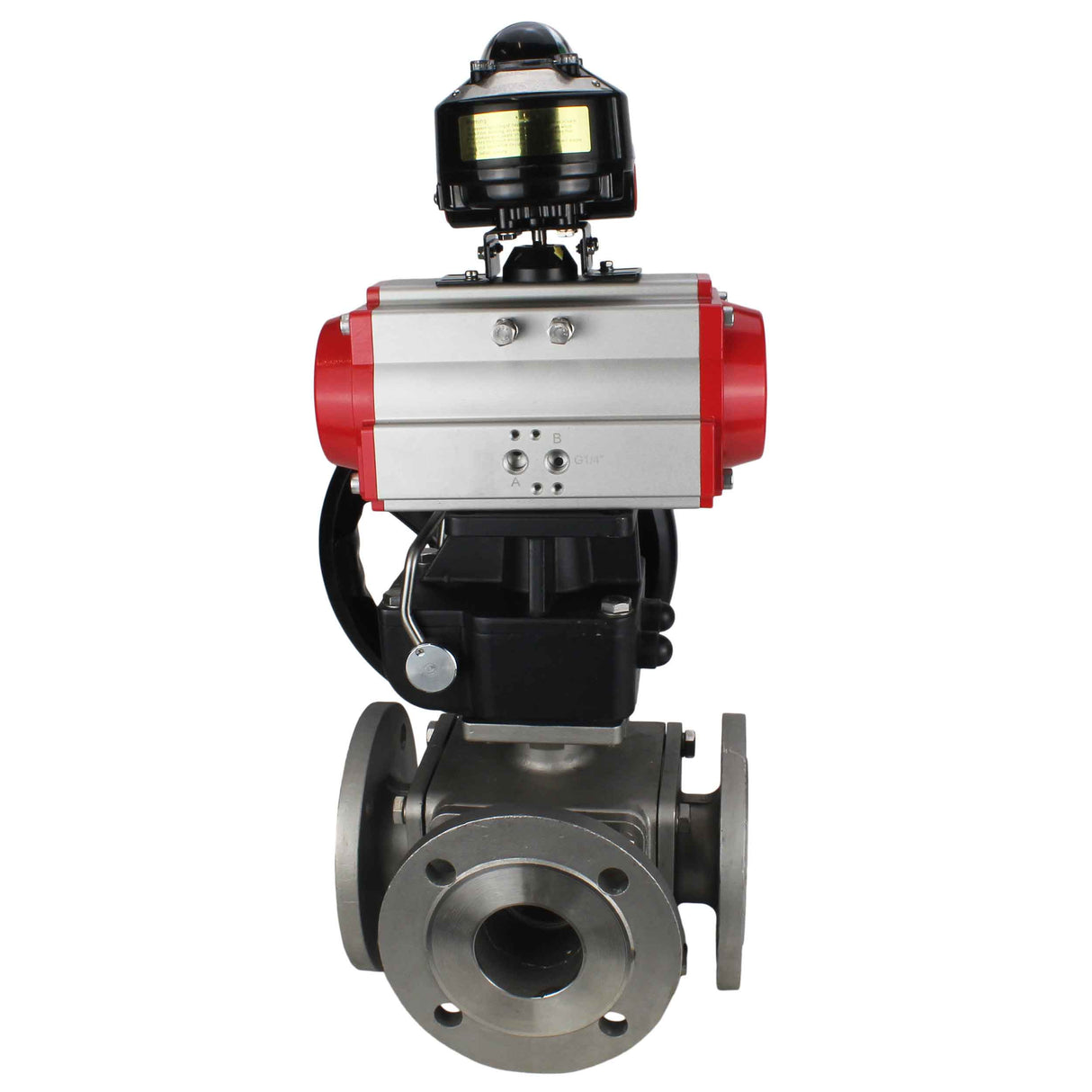 Ball valves Elephant BV3232P(4pc)-FP-3WL-F-ISO-H 16 bar full bore, flanged, body - stainless steel SS316, ISO flange F03/F04-F10/F12, square 9x9-19x19, with pneumatic drive PA-DA, LSU APL-510N EX and Doubler MON3-700-T38-ISO