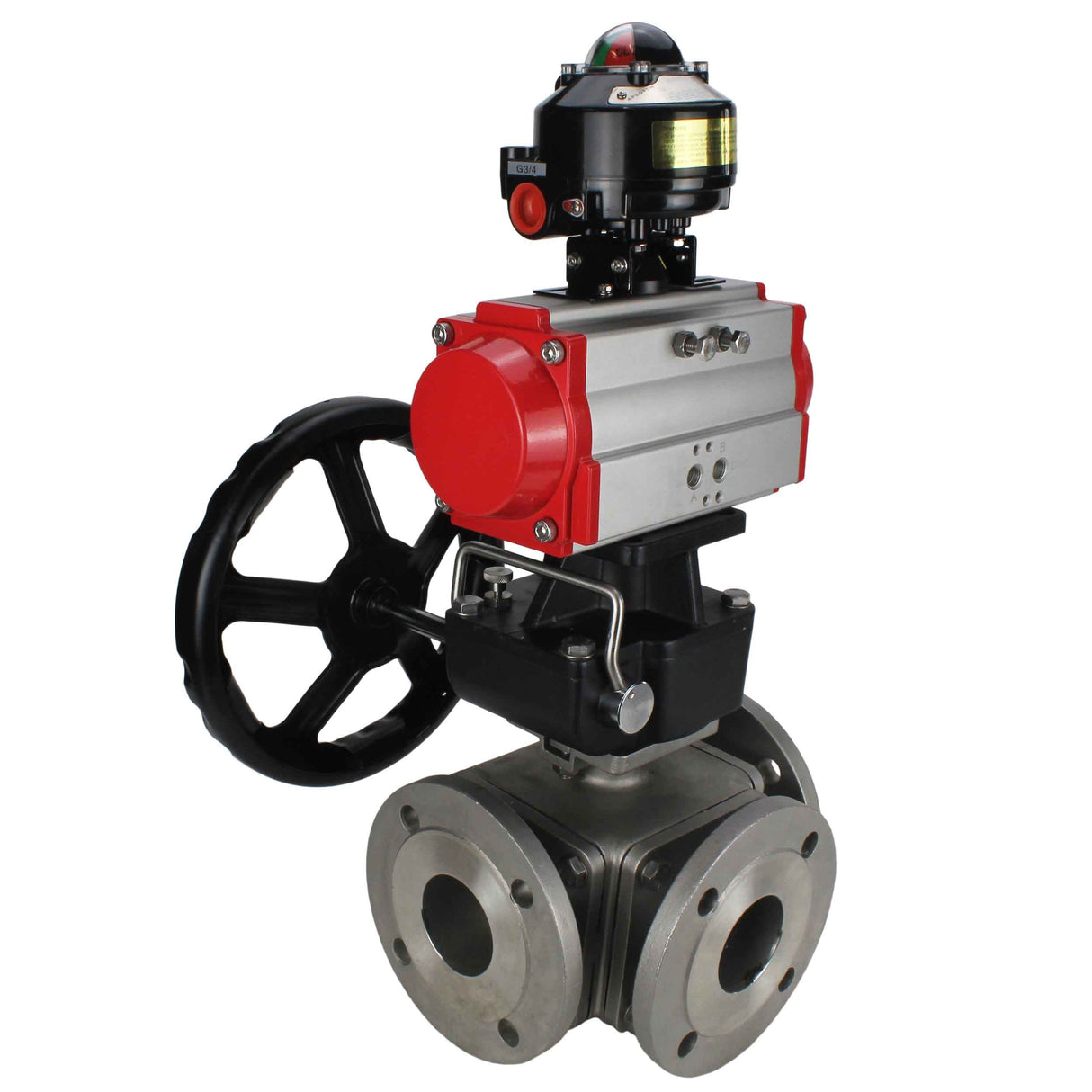 Ball valves Elephant BV3232P(4pc)-FP-3WL-F-ISO-H 16 bar full bore, flanged, body - stainless steel SS316, ISO flange F03/F04-F10/F12, square 9x9-19x19, with pneumatic drive PA-DA, LSU APL-510N EX and Doubler MON3-700-T38-ISO