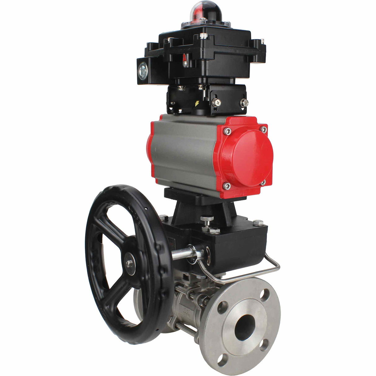 Stainless steel ball valve Elephant BVFPT-ISO,316,180 three-part, body material - stainless steel SS316, seal - PTFE, flanged, full port, pneumatic actuator Elephant DA, limit switch block APL-410N EX, manual override HDM