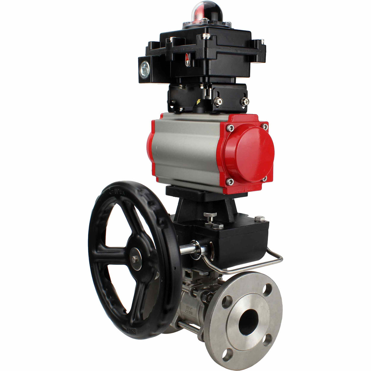 Stainless steel ball valve Elephant BVFPT-ISO.316.180 three-part, body material - stainless steel SS316, seal - PTFE, flanged, full port, pneumatic actuator Elephant DA, pneumatic distributor 4M310-08 NAMUR 24 V, limit switch block APL-410N EX, manual