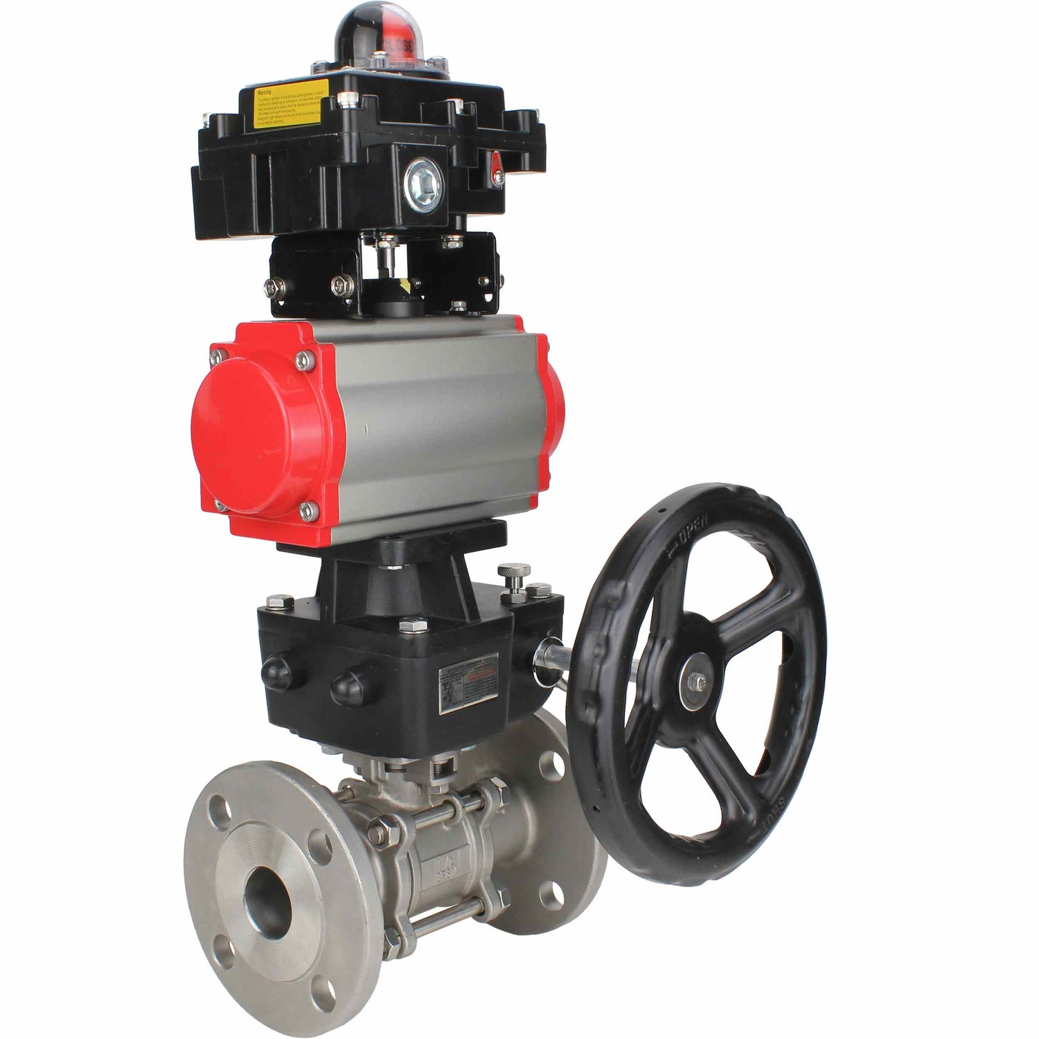 Stainless steel ball valve Elephant BVFPT-ISO,316,180 three-part, body material - stainless steel SS316, seal - PTFE, flanged, full port, pneumatic actuator Elephant DA, limit switch block APL-410N EX, manual override HDM