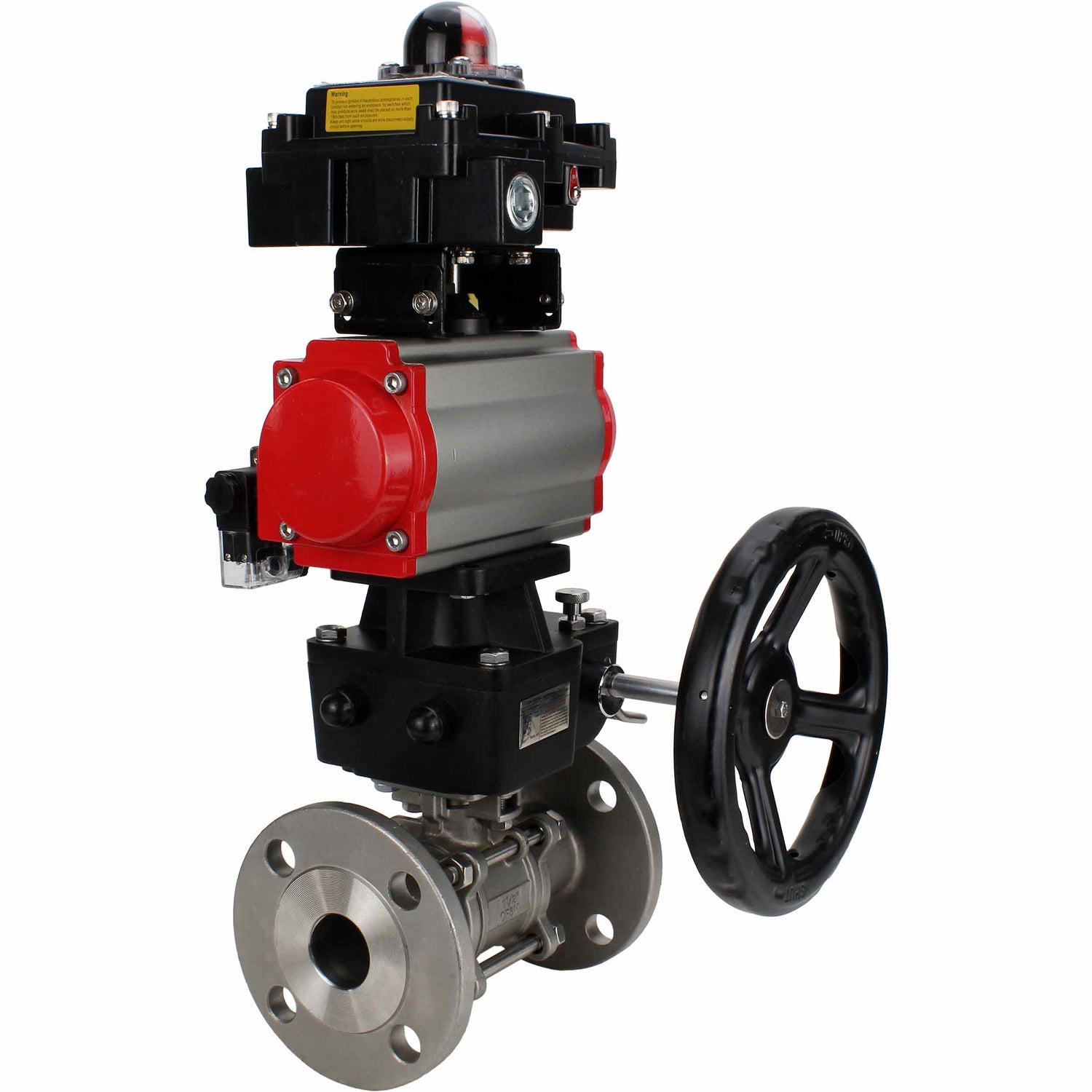 Stainless steel ball valve Elephant BVFPT-ISO.304.180 three-part, body material - stainless steel SS304, seal - PTFE, flanged, full port, pneumatic actuator Elephant DA, pneumatic distributor 4M310-08 NAMUR  24 V, limit switch block APL-410N EX, manual