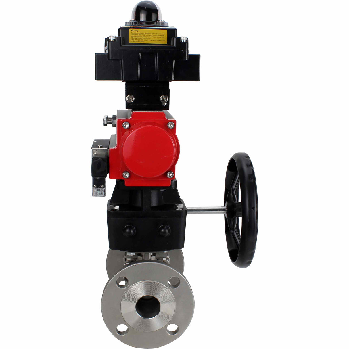 Stainless steel ball valve Elephant BVFPT-ISO.316.180 three-part, body material - stainless steel SS316, seal - PTFE, flanged, full port, pneumatic actuator Elephant DA, pneumatic distributor 4M310-08 NAMUR 24 V, limit switch block APL-410N EX, manual