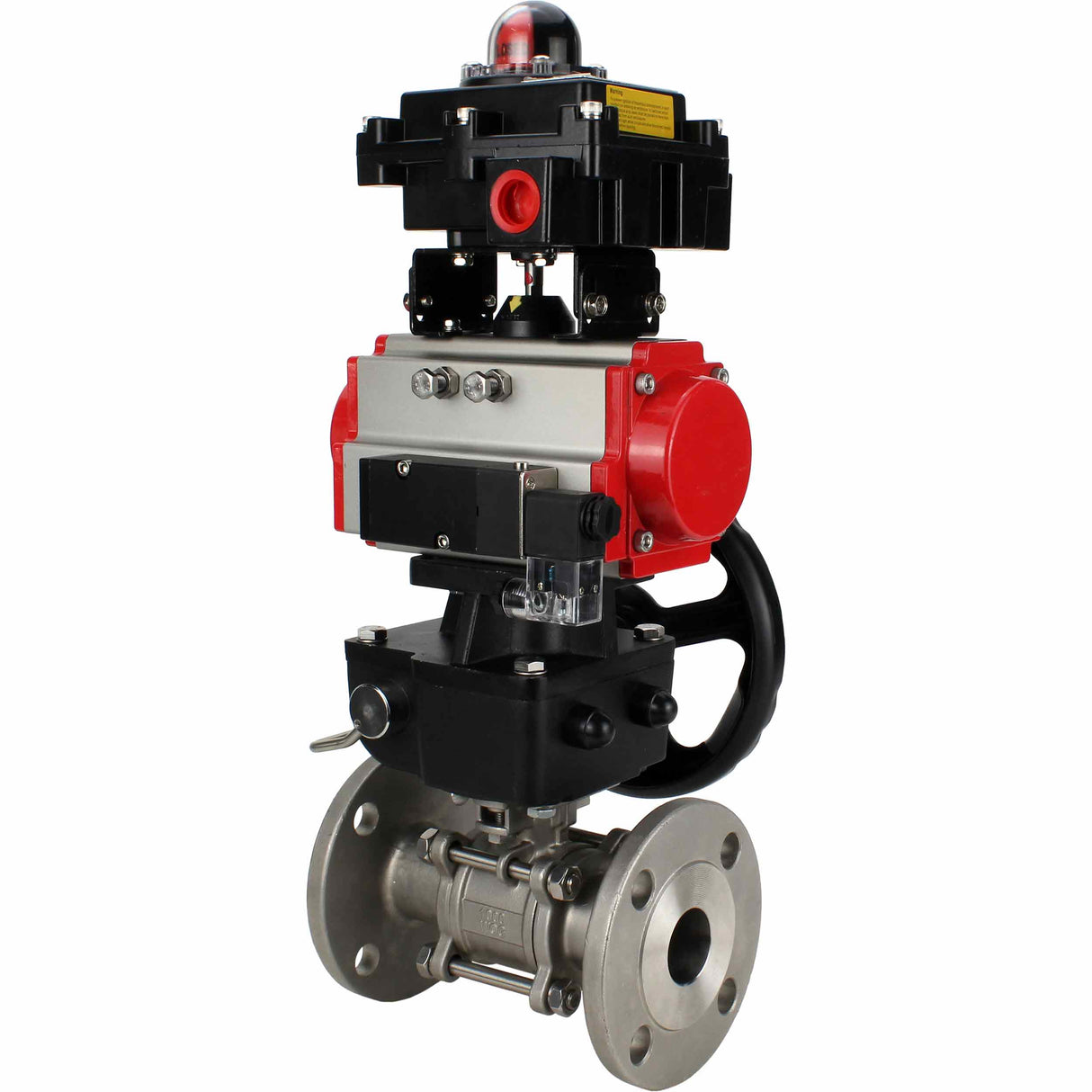 Stainless steel ball valve Elephant BVFPT-ISO.316.180 three-part, body material - stainless steel SS316, seal - PTFE, flanged, full port, pneumatic actuator Elephant DA, pneumatic distributor 4M310-08 NAMUR 24 V, limit switch block APL-410N EX, manual