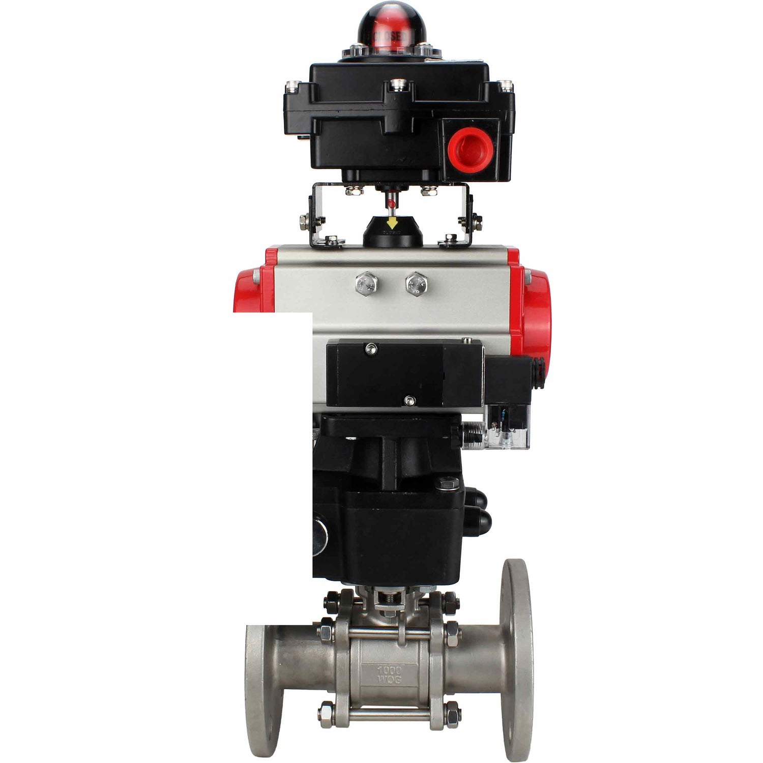 Stainless steel ball valve Elephant BVFPT-ISO.304.180 three-part, body material - stainless steel SS304, seal - PTFE, flanged, full port, pneumatic actuator Elephant DA, pneumatic distributor 4M310-08 NAMUR  24 V, limit switch block APL-410N EX, manual