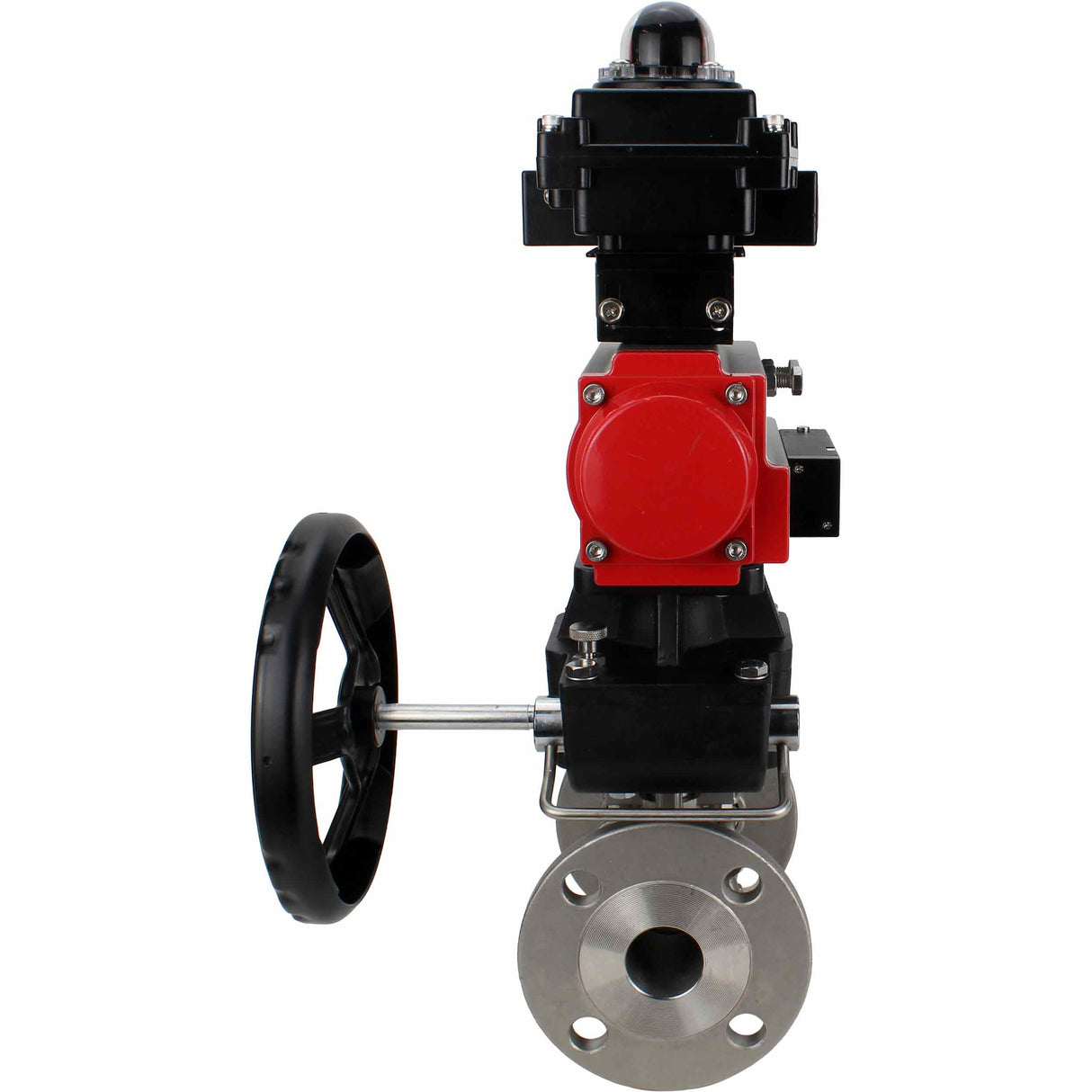 Stainless steel ball valve Elephant BVFPT-ISO.316.180 three-part, body material - stainless steel SS316, seal - PTFE, flanged, full port, pneumatic actuator Elephant DA, pneumatic distributor 4M310-08 NAMUR 24 V, limit switch block APL-410N EX, manual