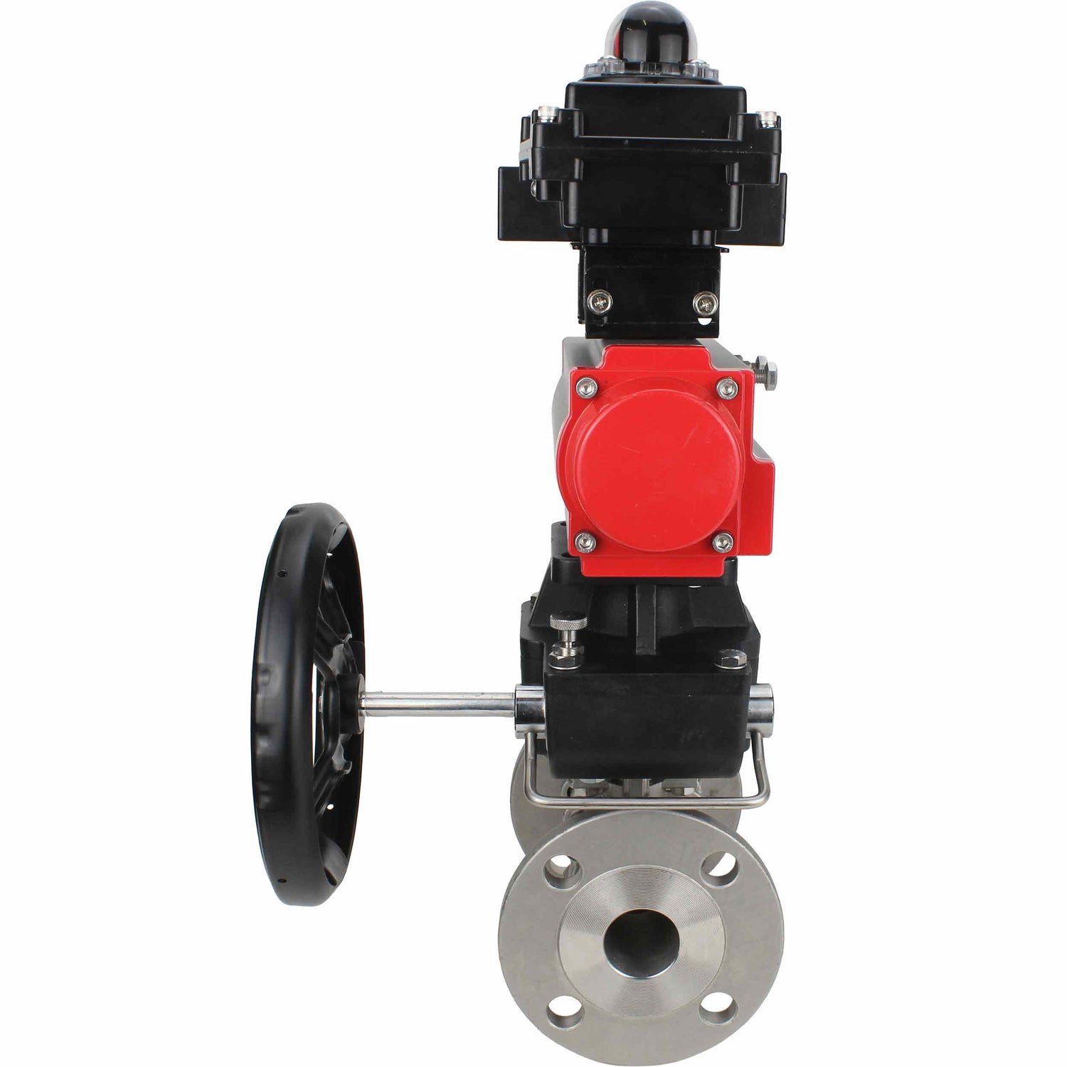 Stainless steel ball valve Elephant BVFPT-ISO,316,180 three-part, body material - stainless steel SS316, seal - PTFE, flanged, full port, pneumatic actuator Elephant DA, limit switch block APL-410N EX, manual override HDM