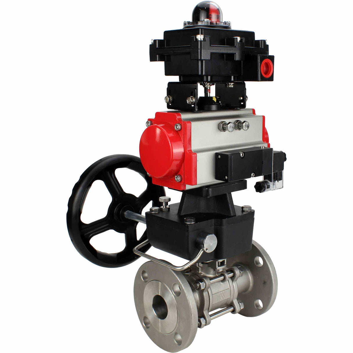 Stainless steel ball valve Elephant BVFPT-ISO.316.180 three-part, body material - stainless steel SS316, seal - PTFE, flanged, full port, pneumatic actuator Elephant DA, pneumatic distributor 4M310-08 NAMUR 24 V, limit switch block APL-410N EX, manual